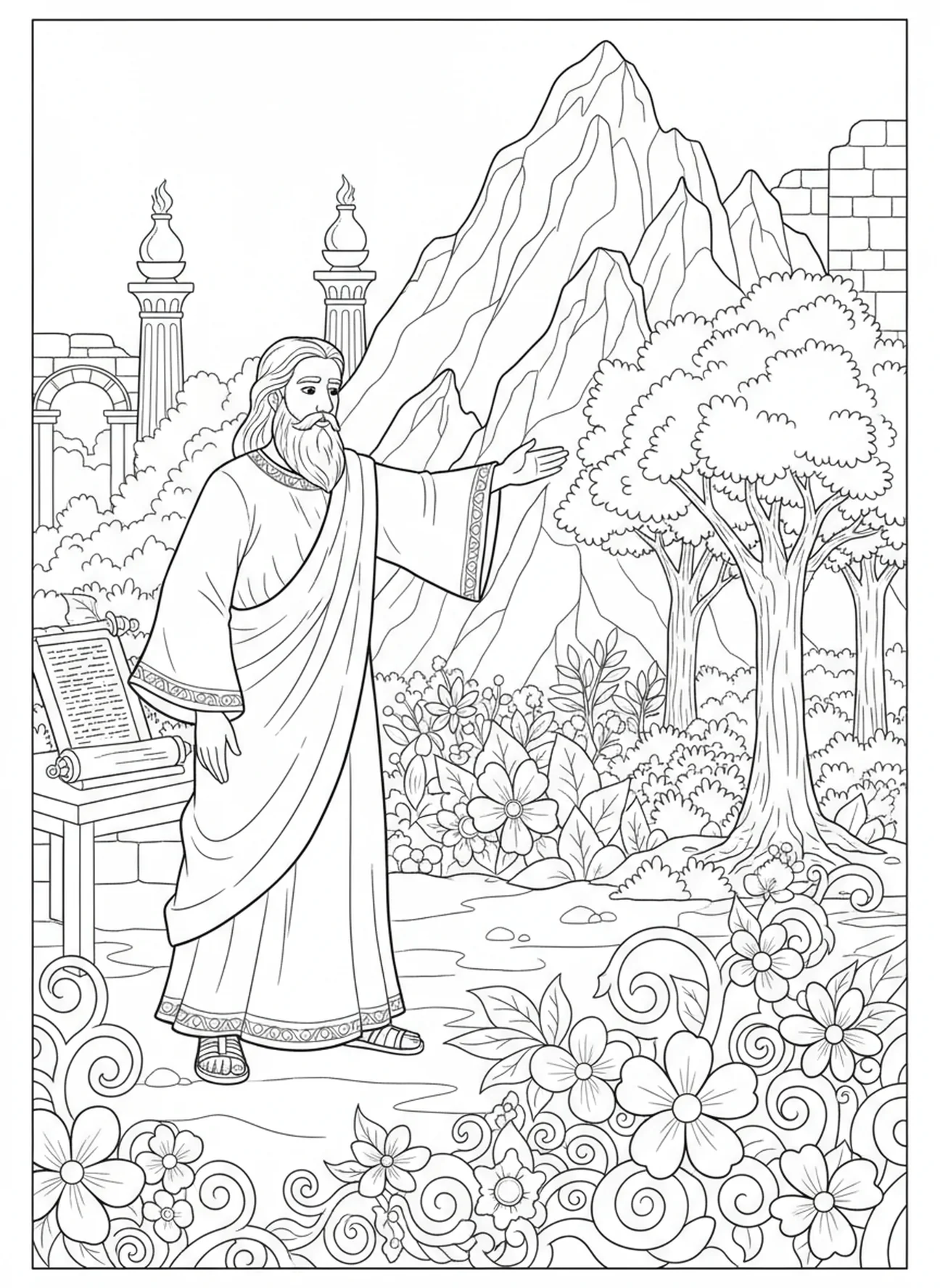 Dieu créant la terre et les plantes, page à colorier sur la Création pour les enfants de l'École du dimanche âgés de 5 à 12 ans.