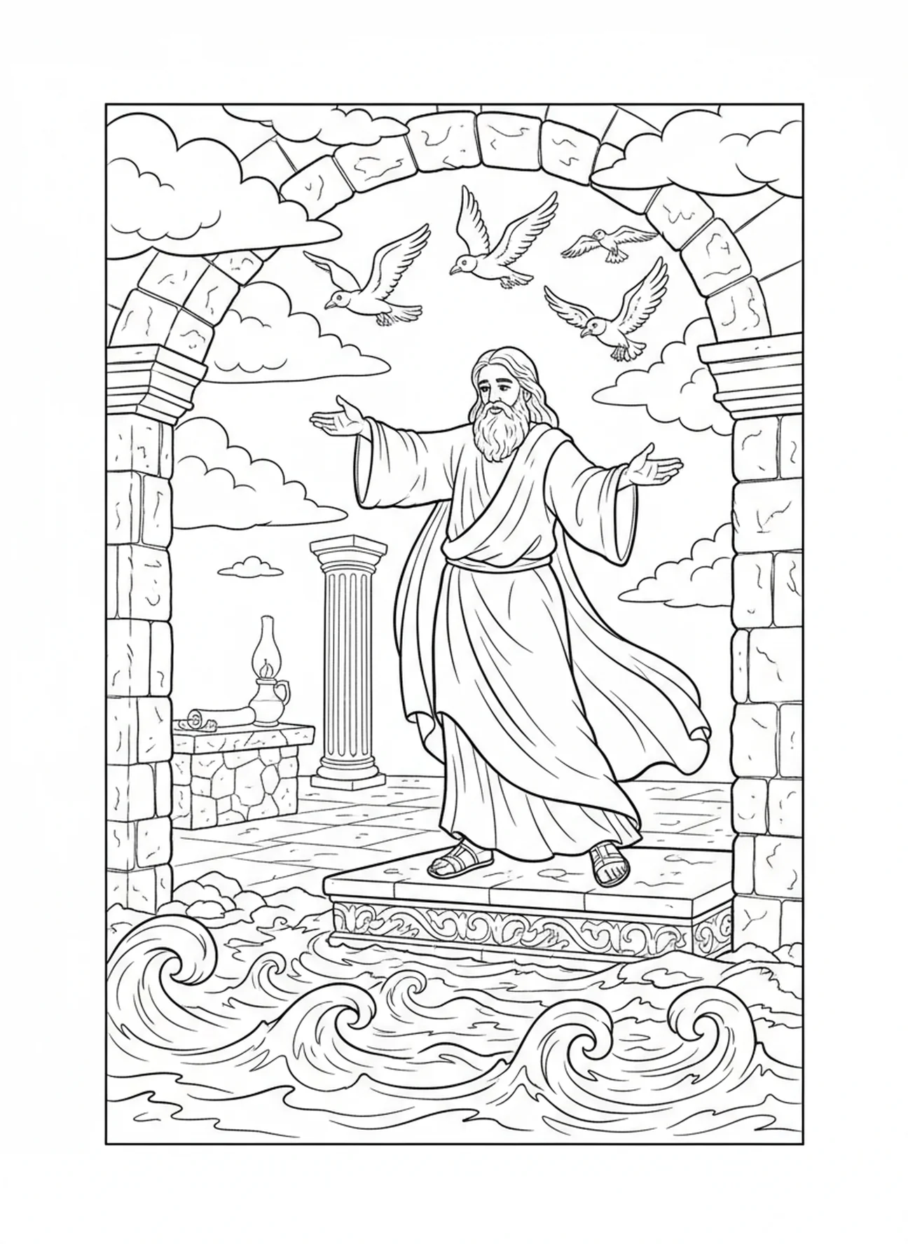 Dieu créant le ciel, page à colorier sur la Création pour les enfants de catéchisme âgés de 5 à 12 ans.