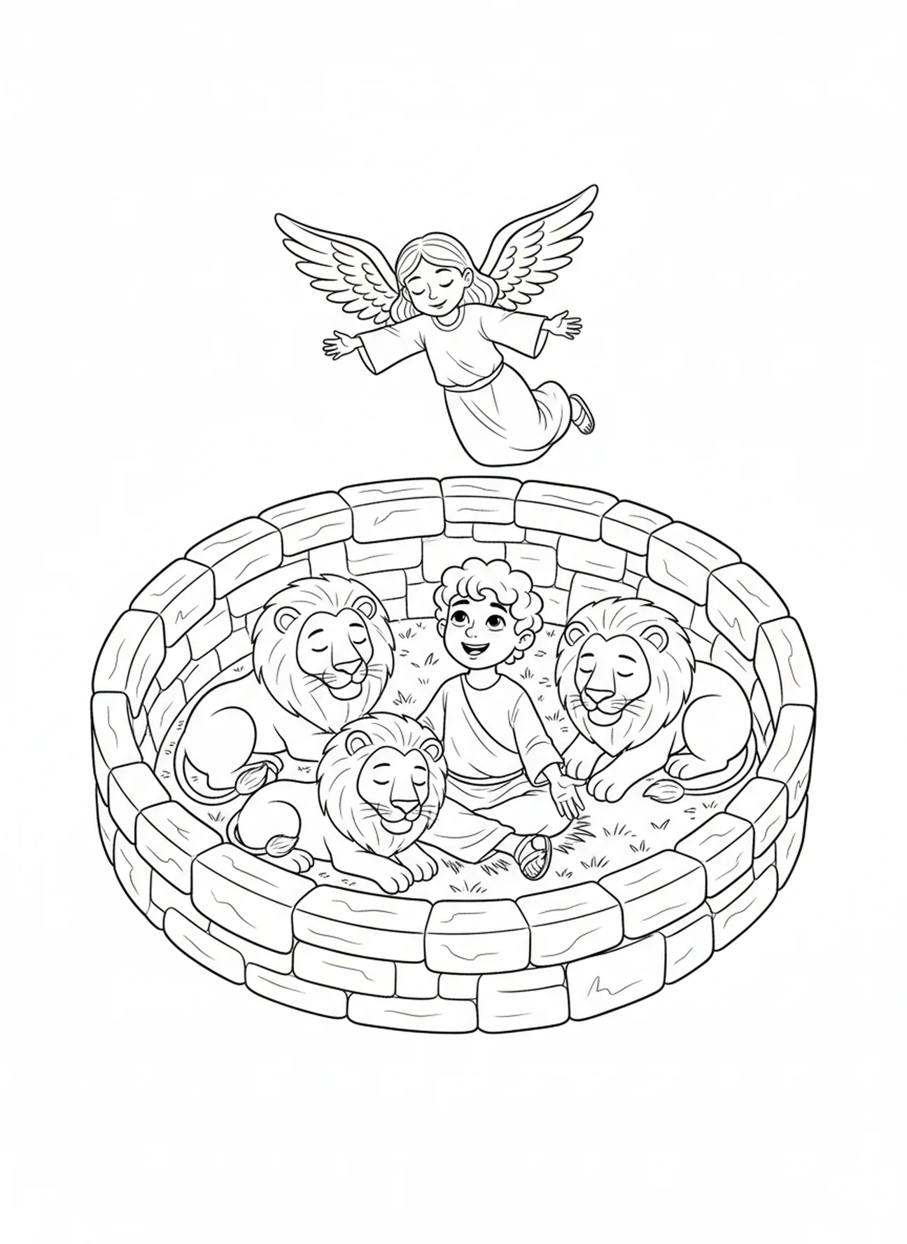 Kalm en ontspannen leeuwen rondom Daniel, Daniel in de Leeuwenkuil kleurplaat voor kinderen van 5-10 jaar.