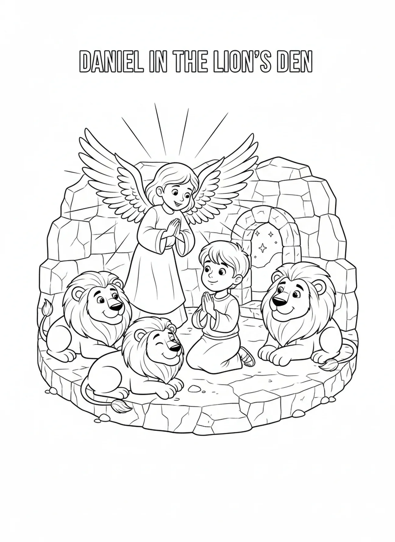 Angel smiling at Daniel in the lion's den, Daniel Lions Den Daniel Praying Window coloring page for kids age 5-10.