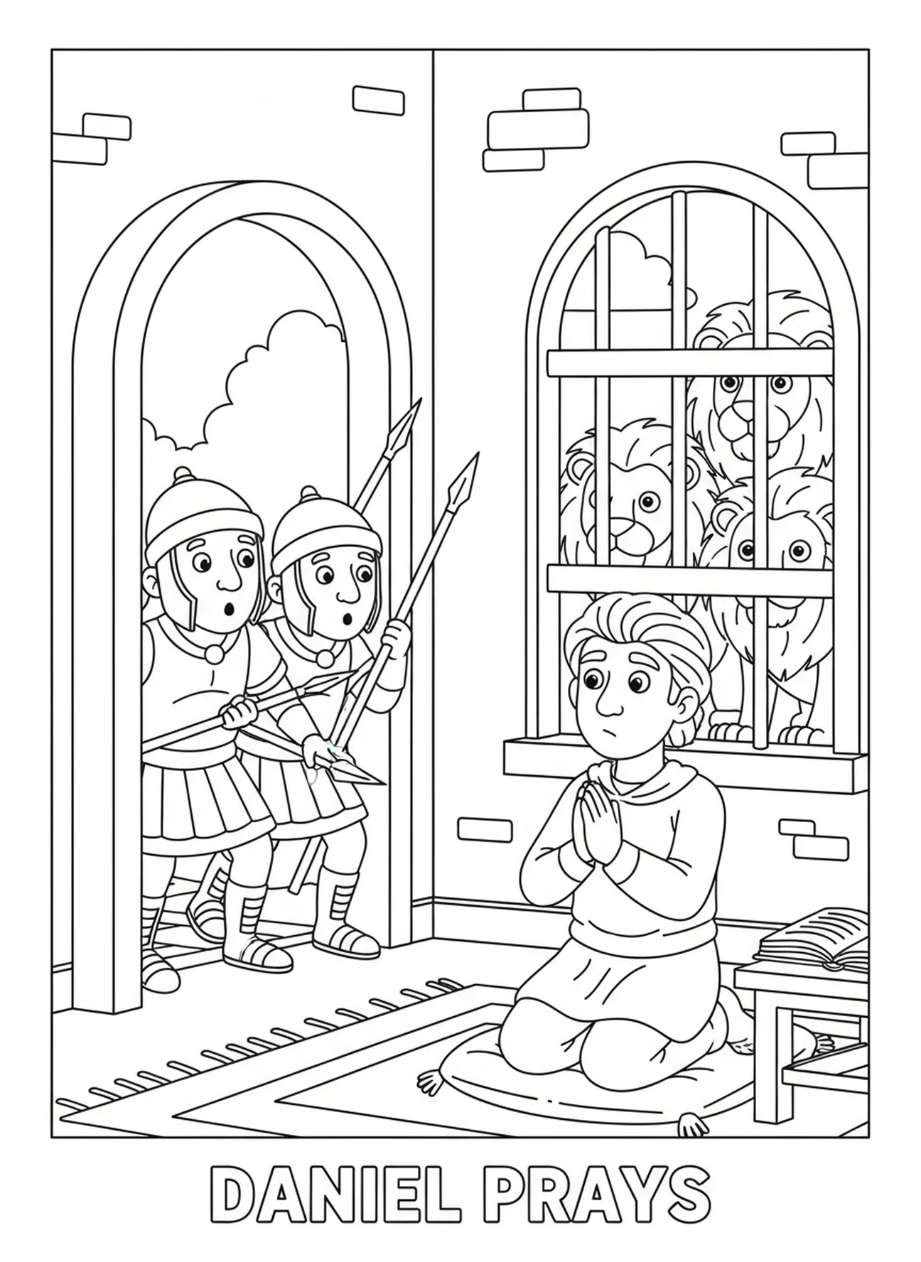 Surprised guards finding Daniel praying, Daniel Lions Den Daniel Praying Window coloring page for kids age 5-10.