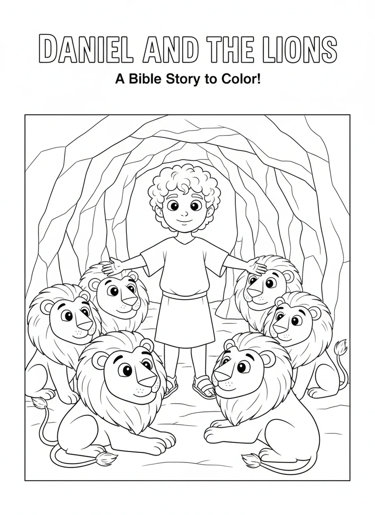 Daniel surrounded by lions, Daniel Lions Den Daniel Praying Window coloring page for kids age 5-10.