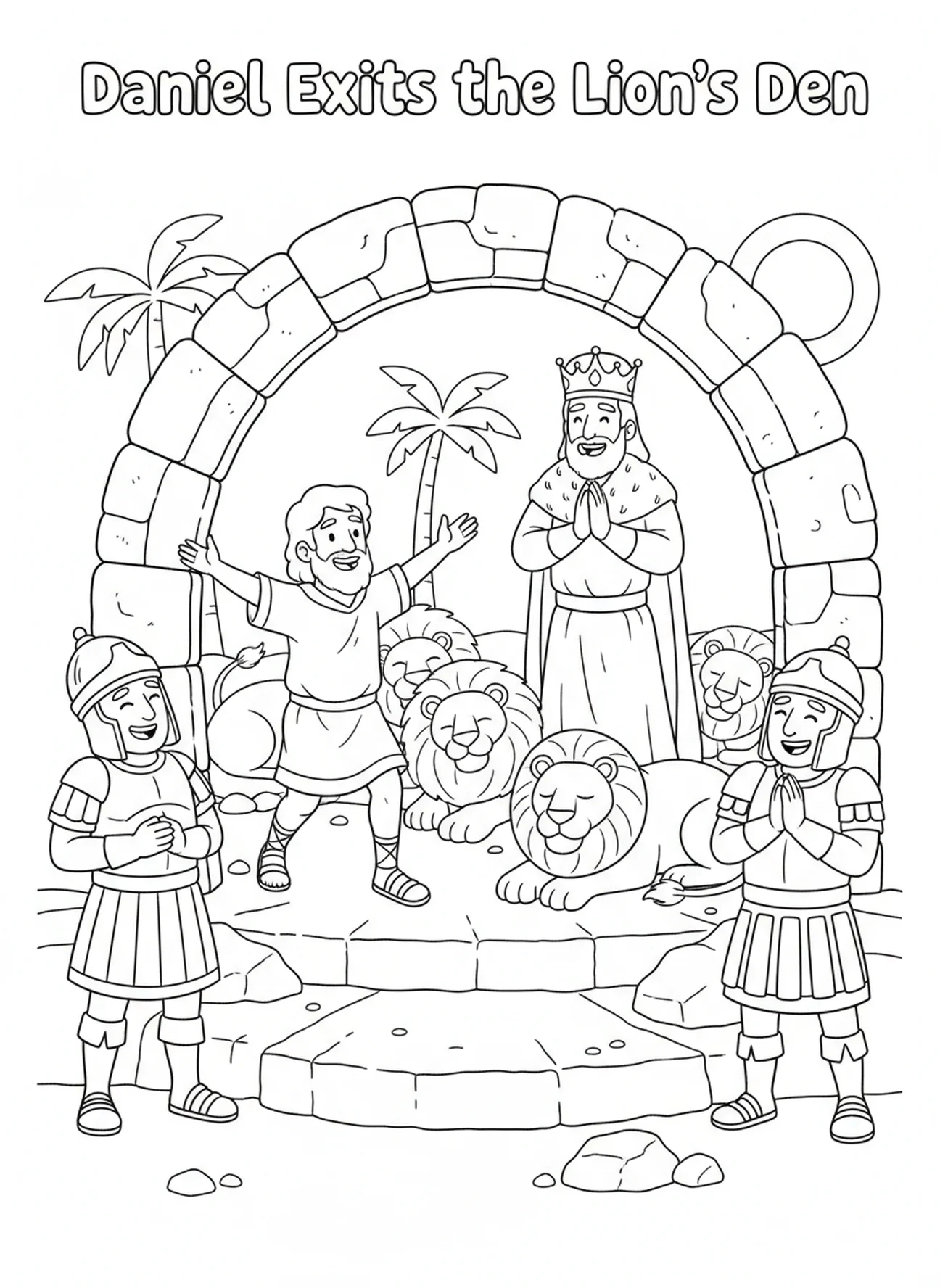 Daniel joyfully leaving the lion's den, Daniel Lions Den Daniel Praying Window coloring page for kids age 5-10.