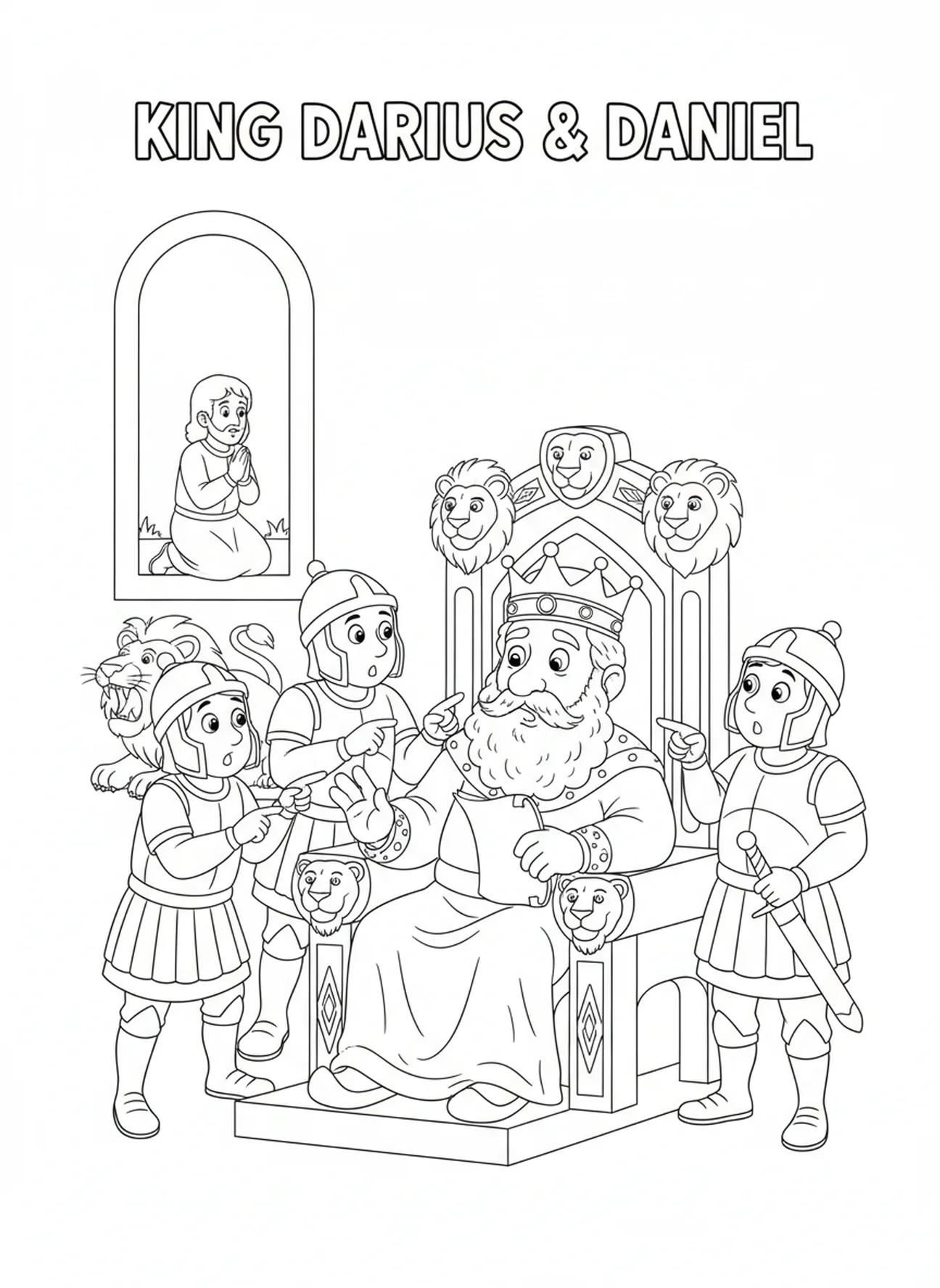 King Darius holding a scroll, Daniel Lions Den Daniel Praying Window coloring page for kids age 5-10.