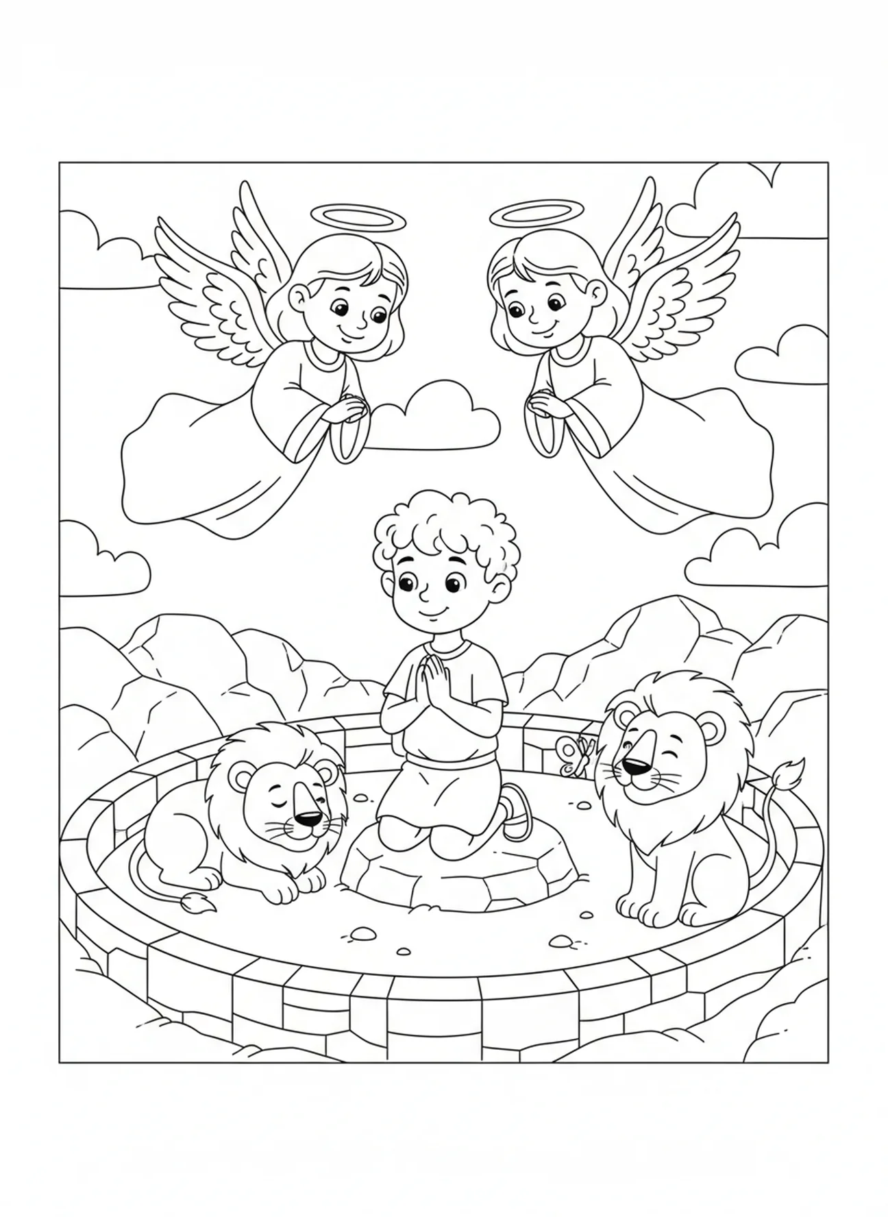 Two angels, Daniel Lions Den Daniel Released From Den coloring page for kids age 5-10.