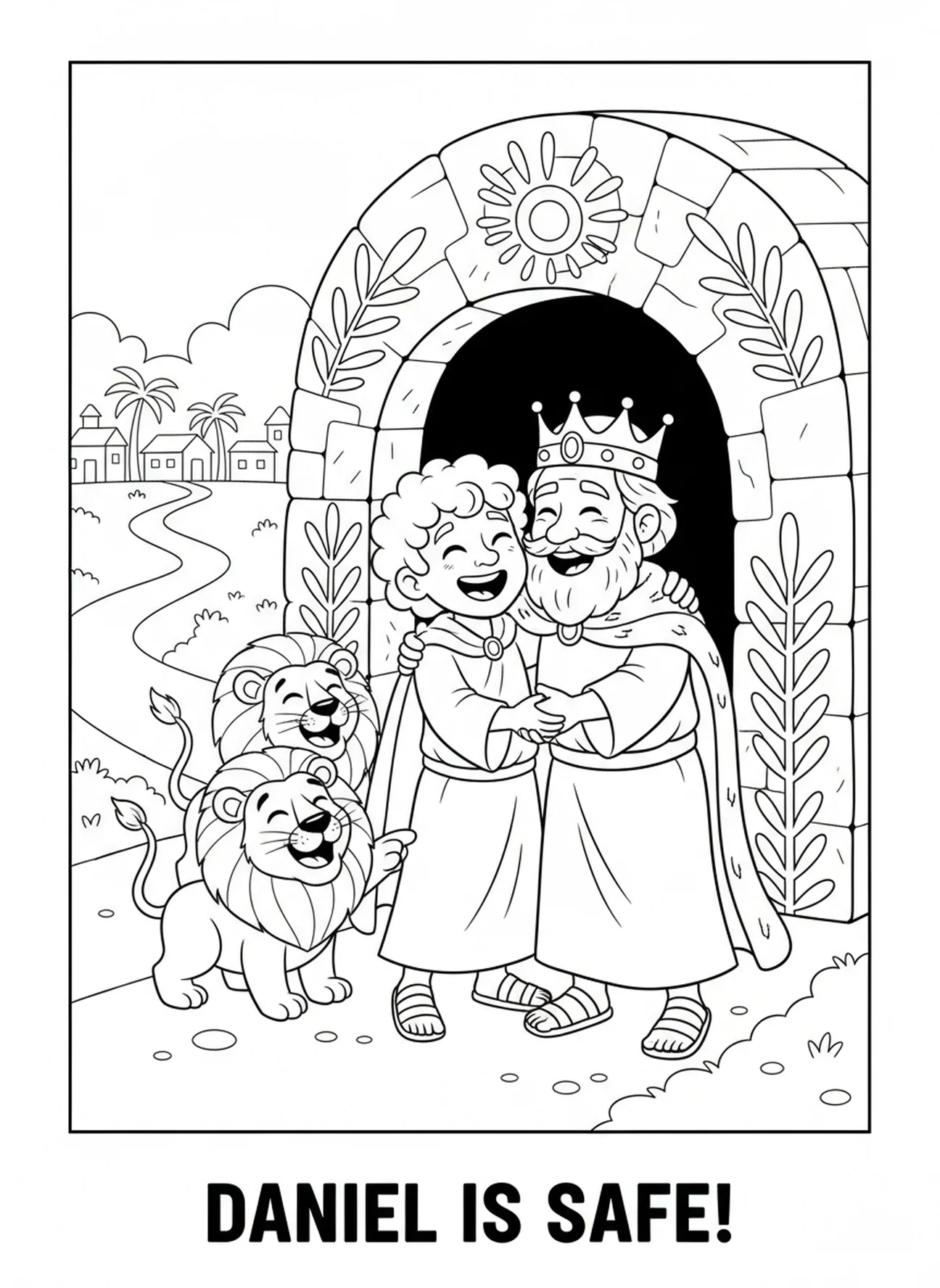 Celebration scene, Daniel Lions Den Daniel Released From Den coloring page for kids age 5-10.