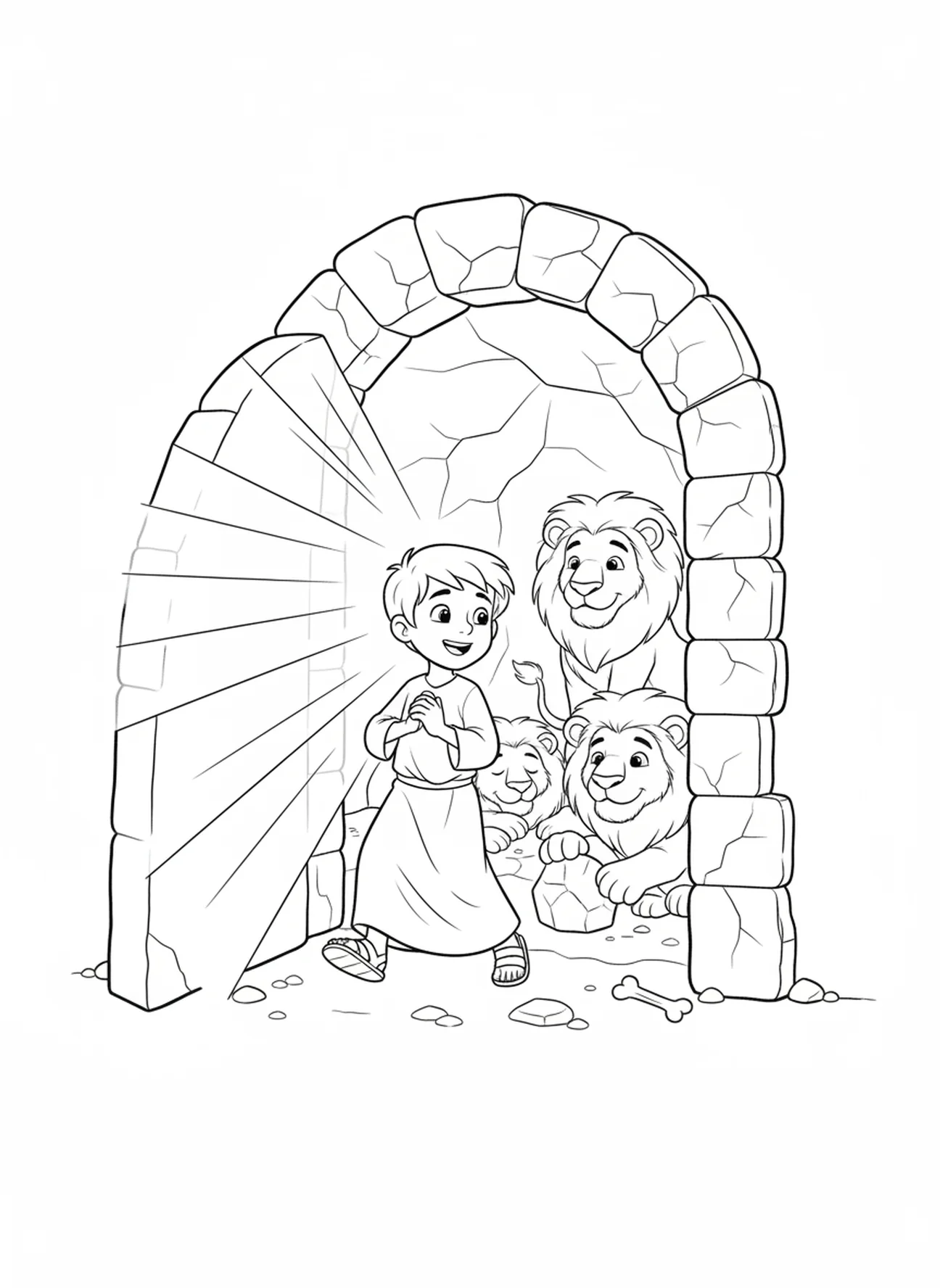 Stone entrance opened, Daniel Lions Den Daniel Released From Den coloring page for kids age 5-10.