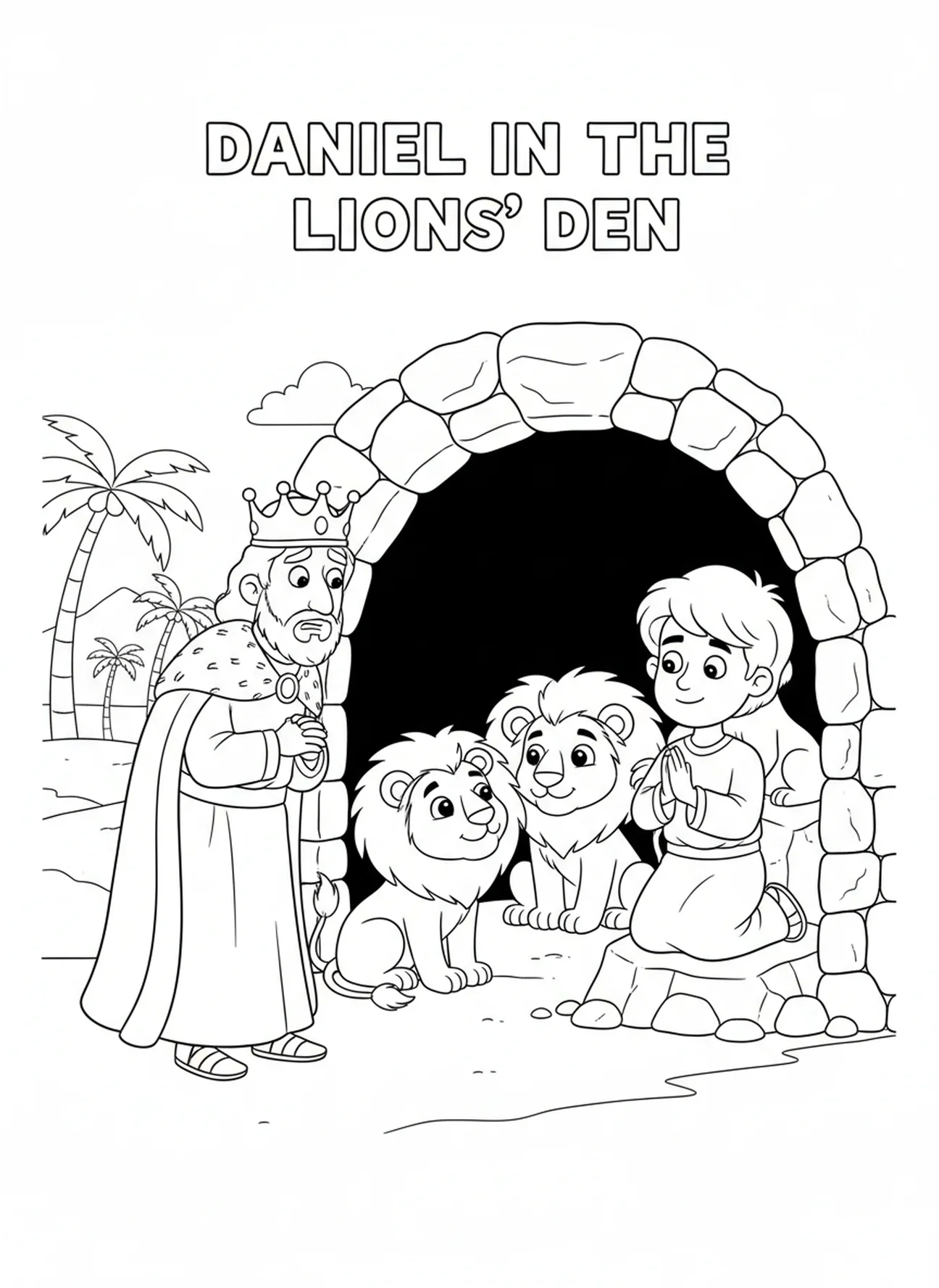 King Darius watching, Daniel Lions Den Daniel Released From Den coloring page for kids age 5-10.