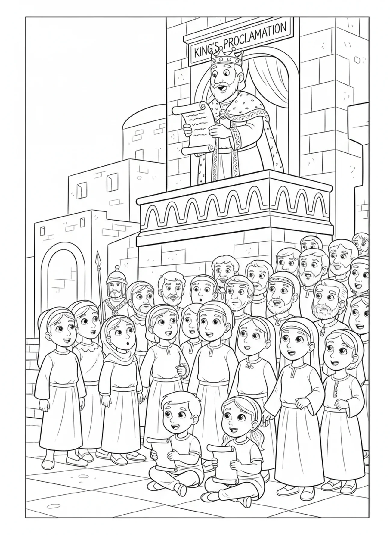 König Darius hält eine Schriftrolle, Daniel in der Löwengrube König Darius Dekret Malvorlage für Kinder im Alter von 5-10 Jahren.