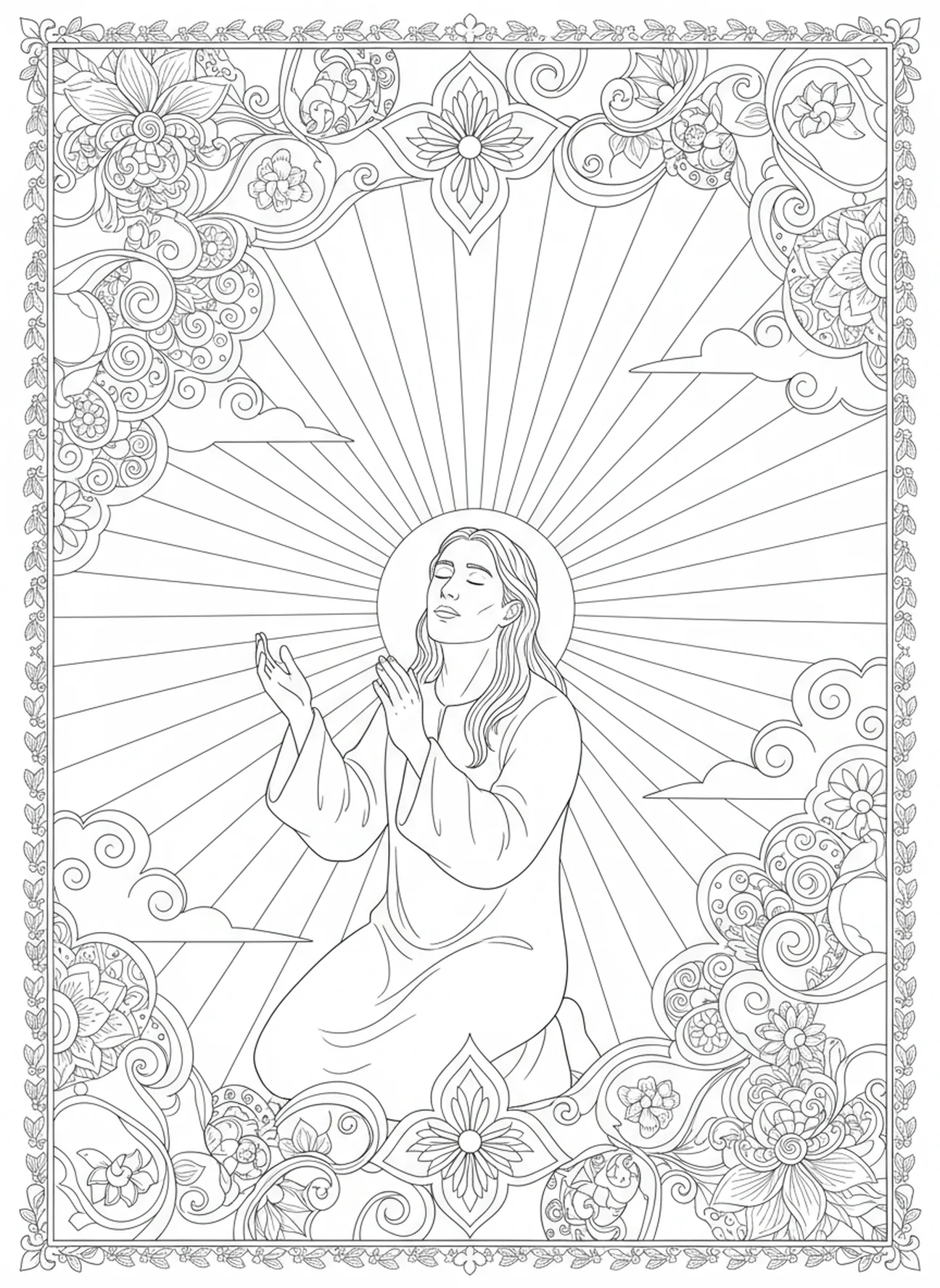 Daniel betet, Ausmalbild von Daniel in der Löwengrube im Stil des Bibel-Journalings für Erwachsene.