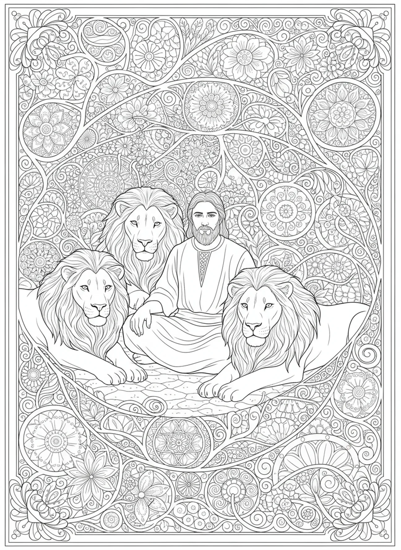 Löwen entspannen, Daniel in der Löwengrube Ausmalbild für Erwachsene im Bibel-Journaling-Stil.