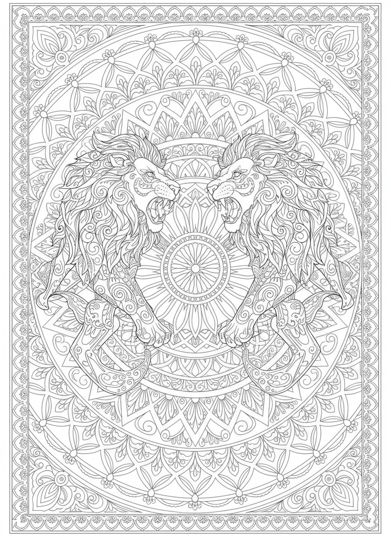 Zwei brüllende Löwen, Daniel in der Löwengrube Ausmalbild für Erwachsene im Bibel-Journaling-Stil.
