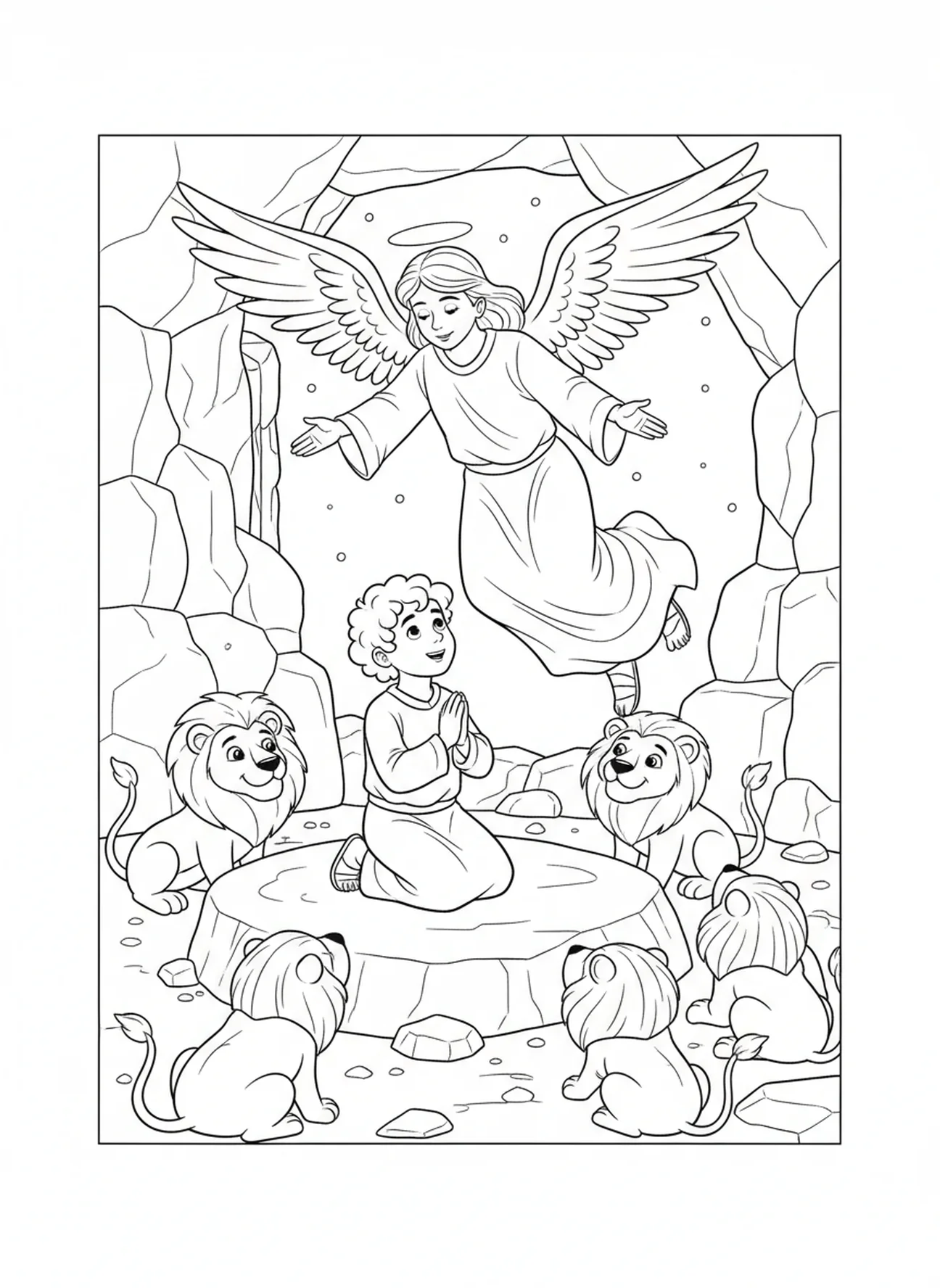 Angel appearing above Daniel with curious lions, Daniel Lions Den coloring page for kids age 5-10.