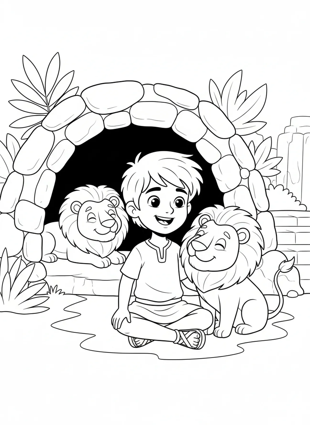 Daniel playing with a lion nudging him, Daniel Lions Den coloring page for kids age 5-10.