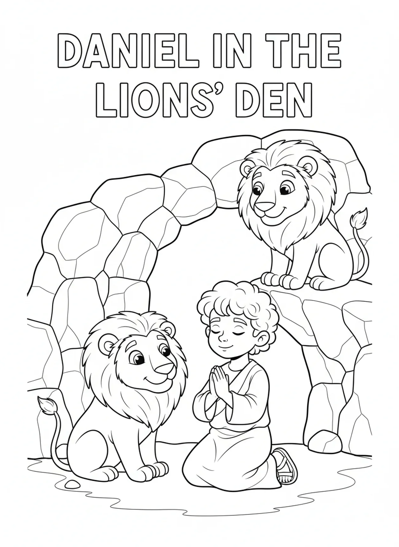 Daniel kneeling in prayer with curious lions, Daniel Lions Den coloring page for kids age 5-10.