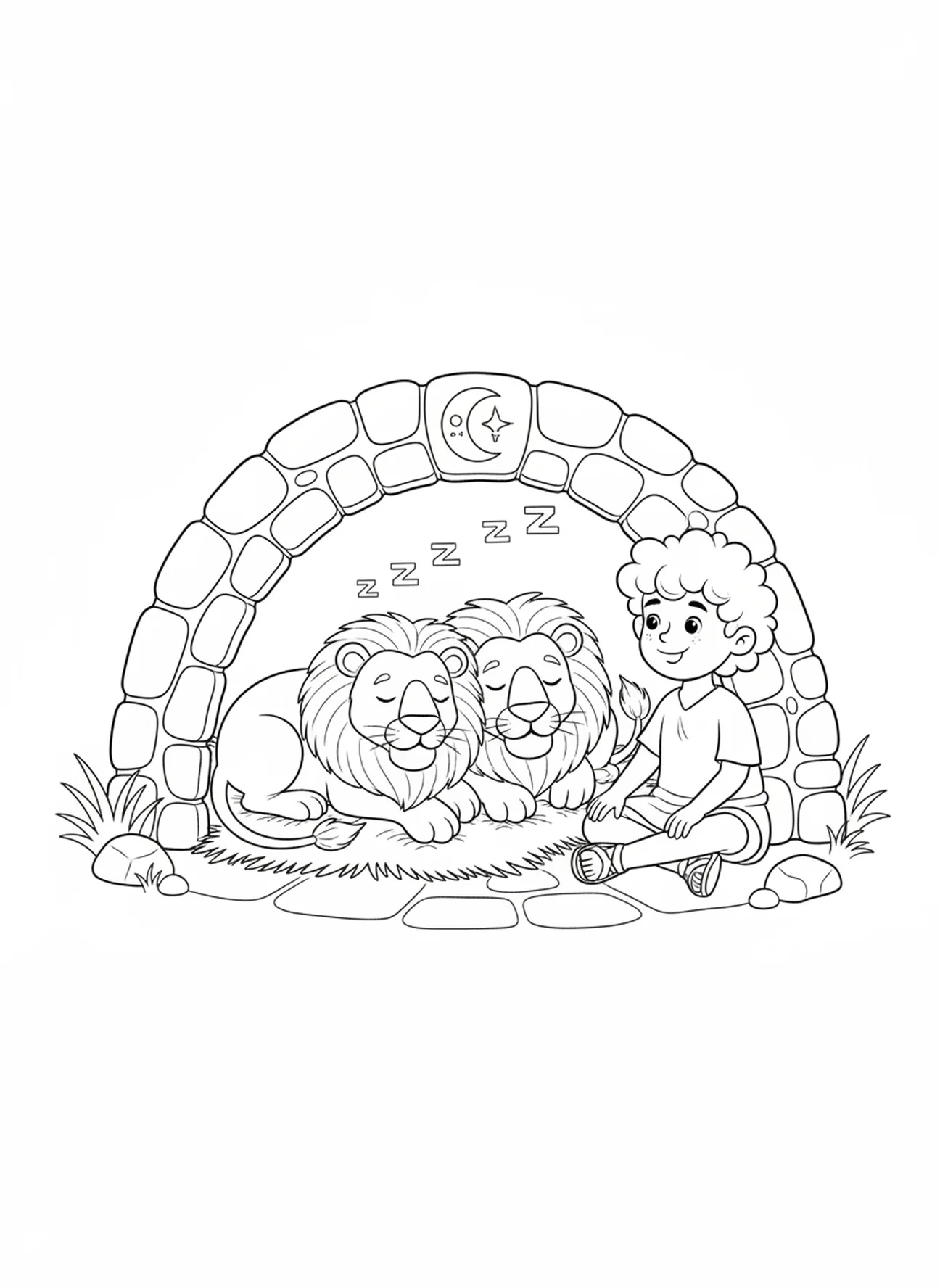 Two napping lions with Daniel watching, Daniel Lions Den coloring page for kids age 5-10.