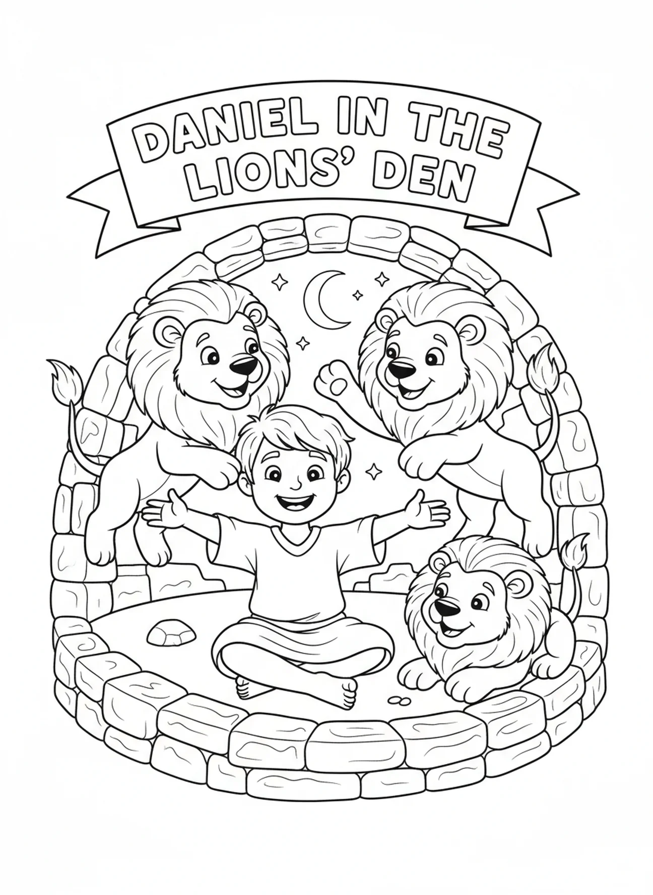 Three cartoon lions playfully surround Daniel, Daniel Lions Den coloring page for kids age 5-10.