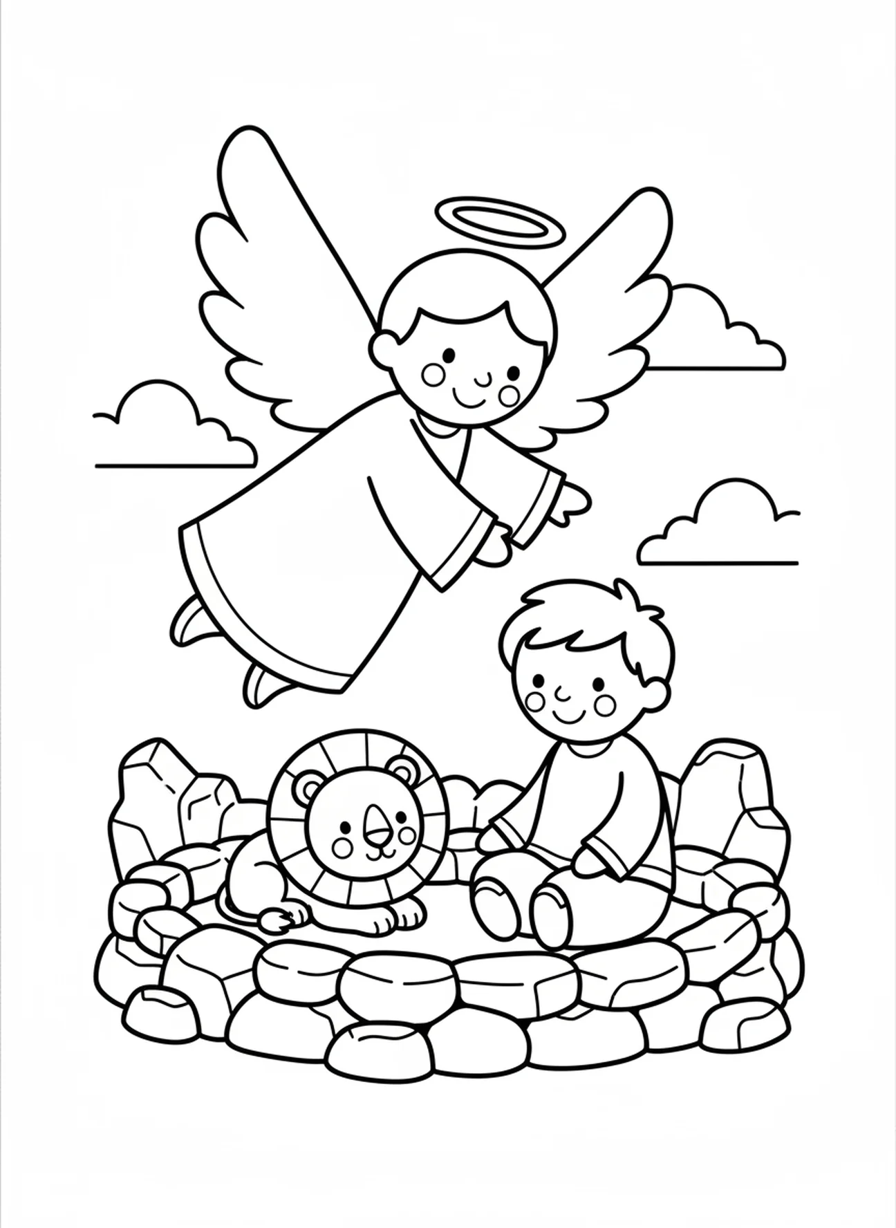 Smiling angel above Daniel, Daniel Lions Den coloring page for preschoolers age 3-5