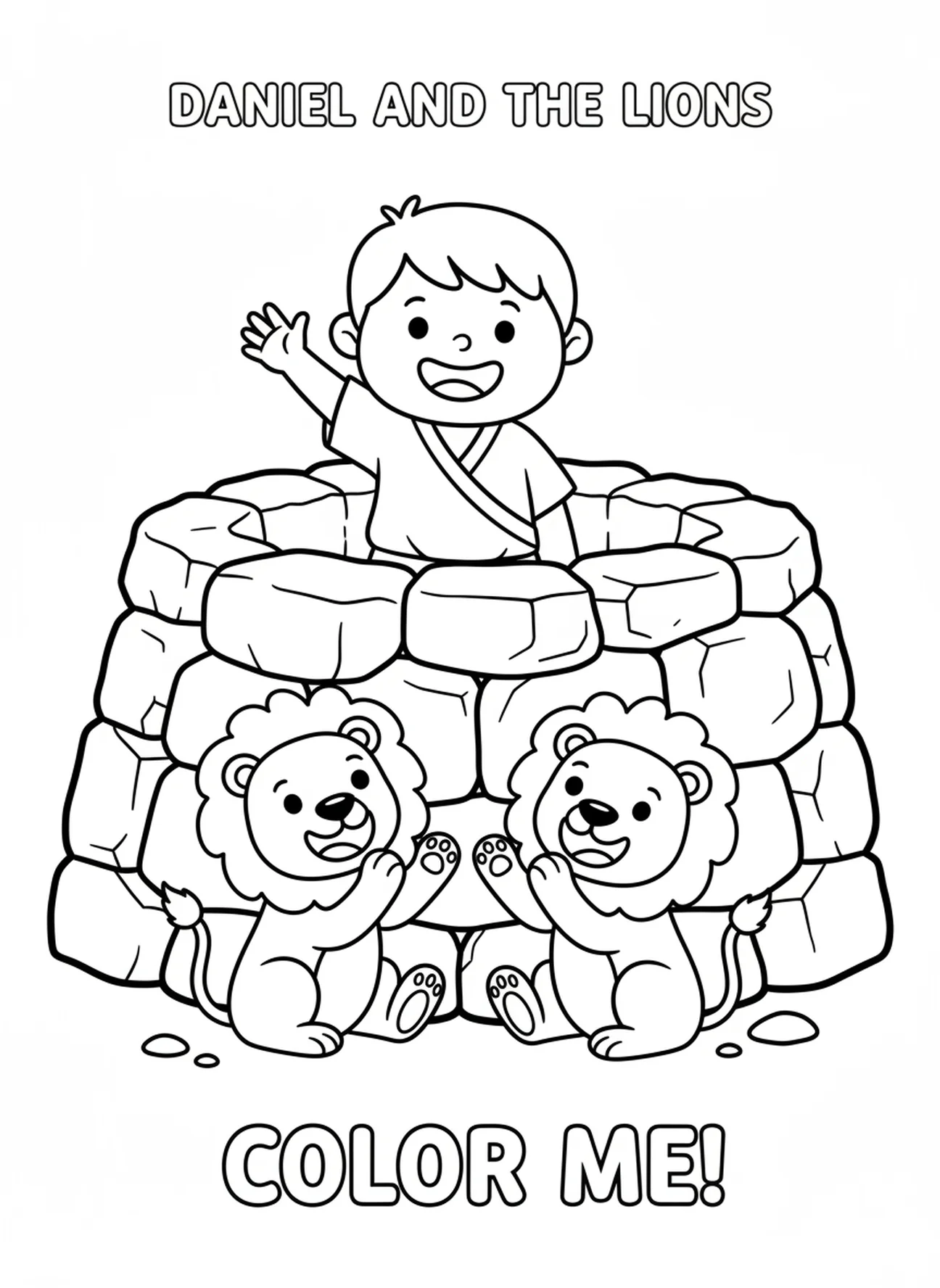 Smiling Daniel escaping the den, Daniel Lions Den coloring page for preschoolers age 3-5