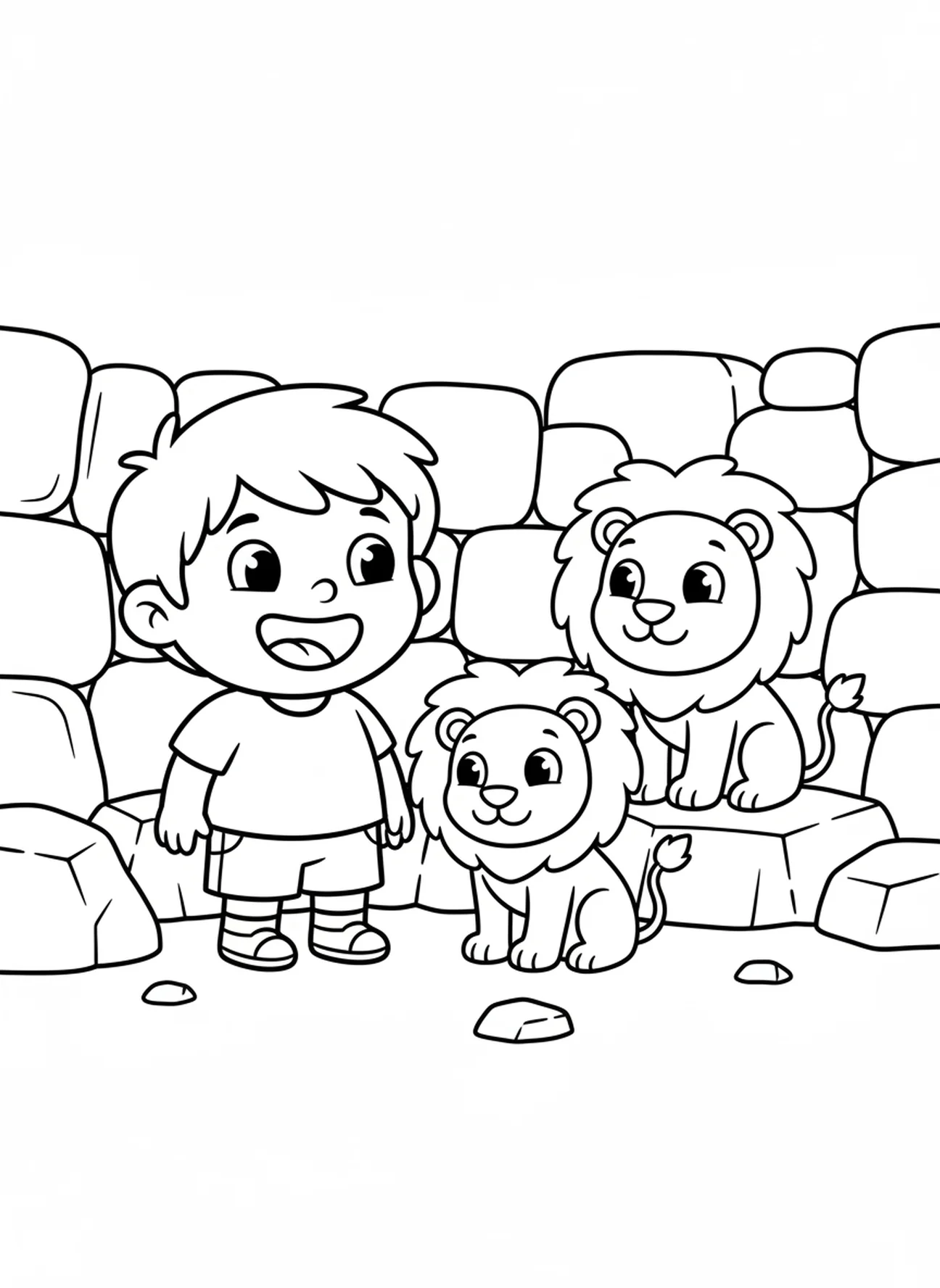 Smiling Daniel grinning at lions, Daniel Lions Den coloring page for preschoolers age 3-5