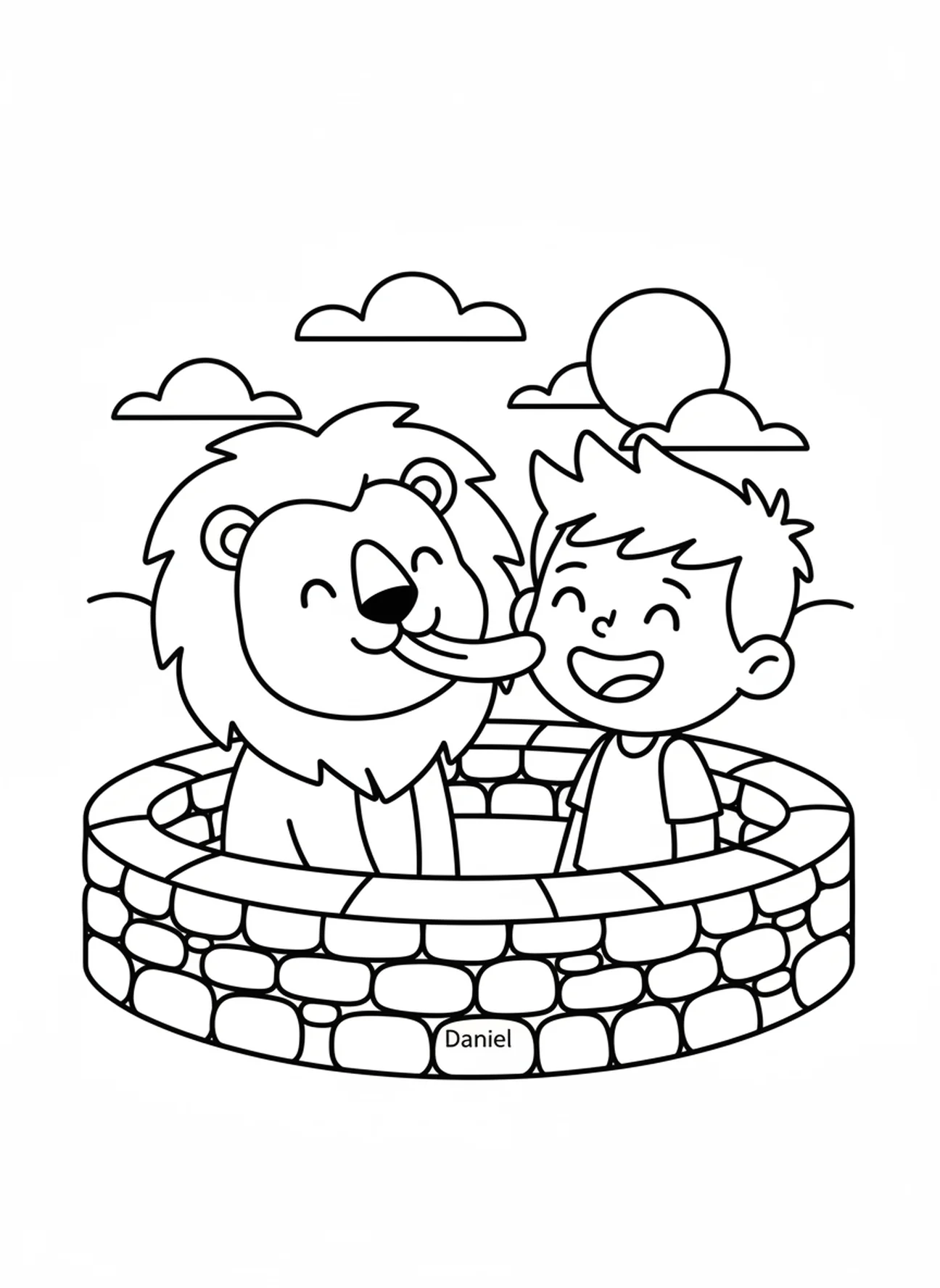 Lion licking Daniel's face, Daniel Lions Den coloring page for preschoolers age 3-5