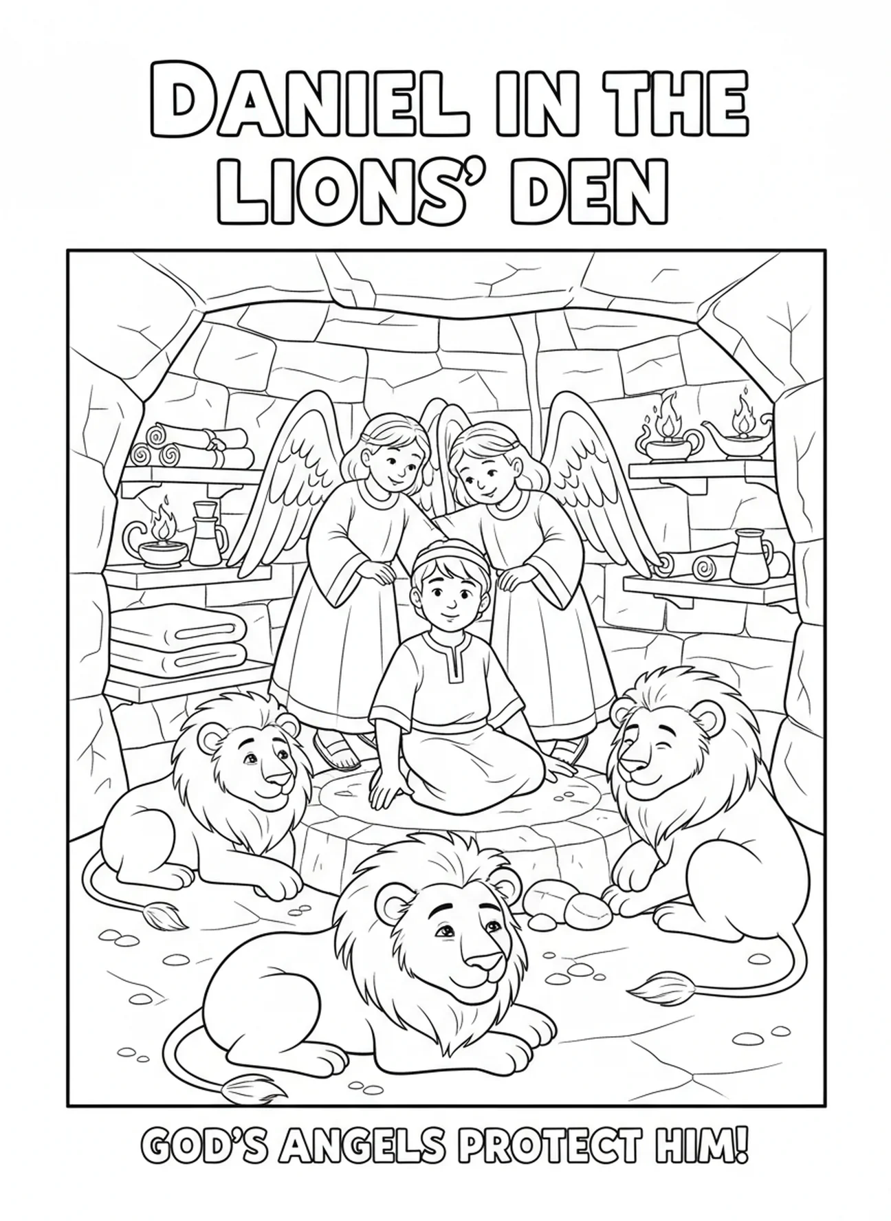 Two comforting angels, Daniel Lions Den coloring page for Sunday school children age 5-12