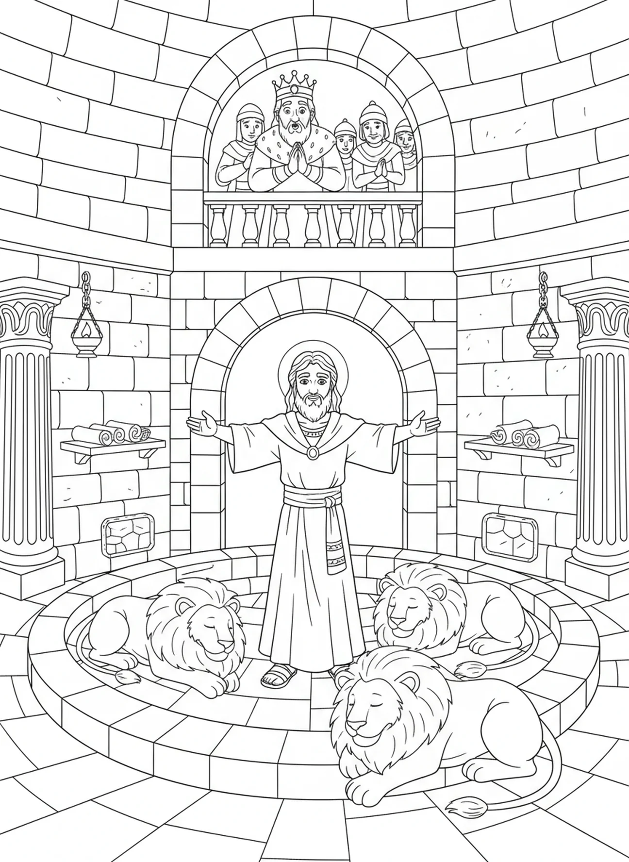 Triumphant Daniel, Daniel Lions Den coloring page for Sunday school children age 5-12