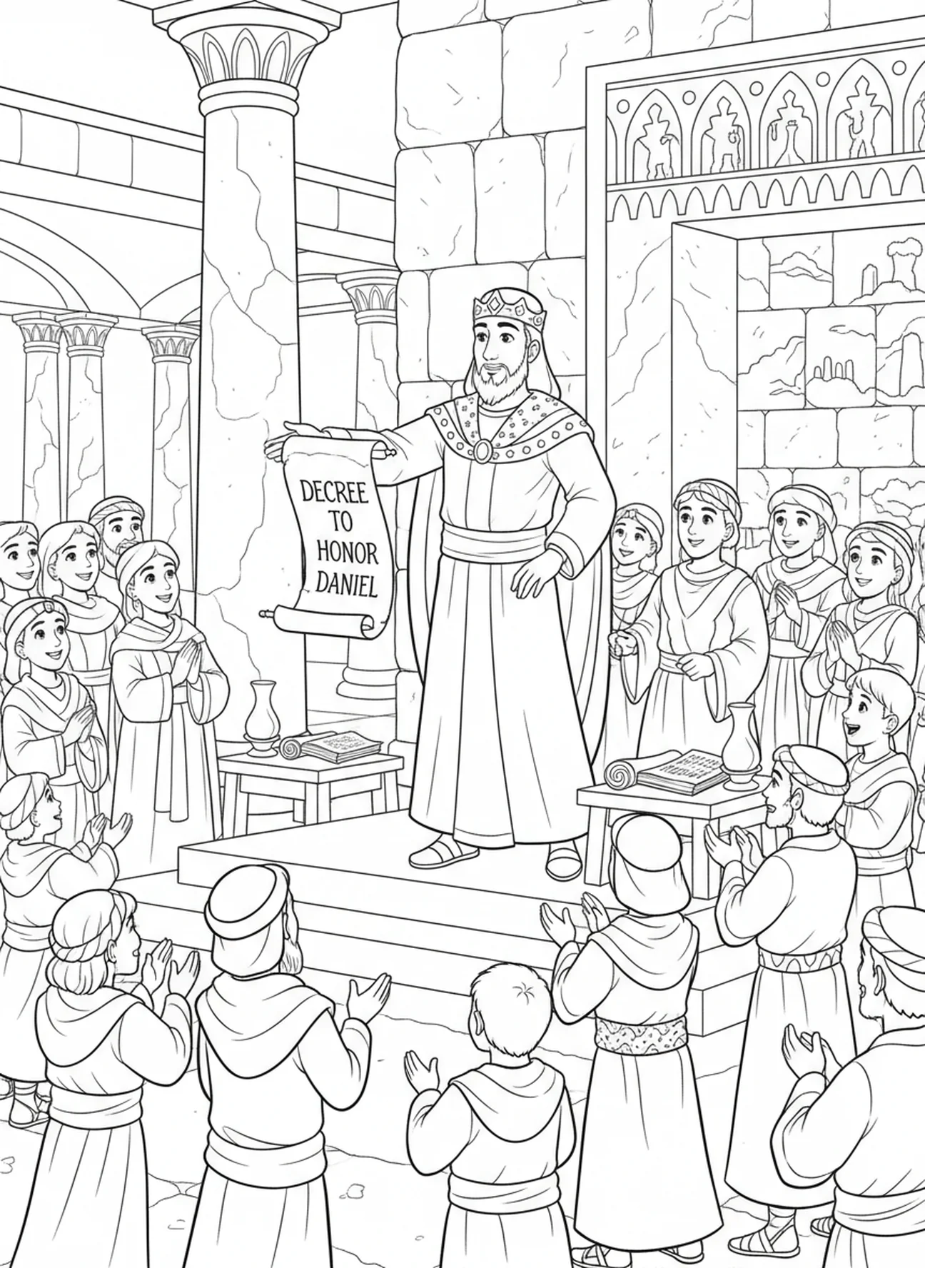 King Darius issuing decree, Daniel Lions Den coloring page for Sunday school children age 5-12