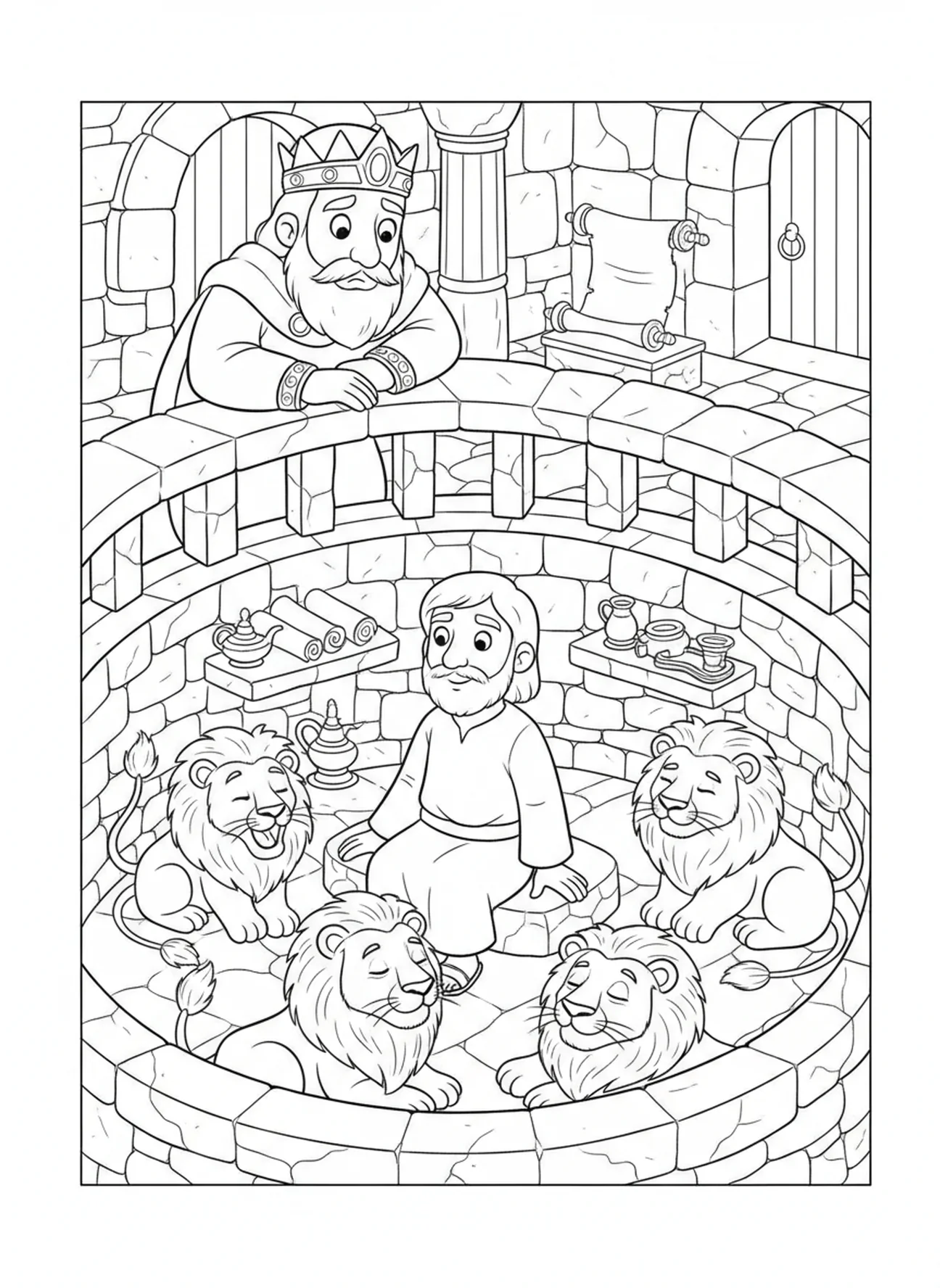 Concerned King Darius, Daniel Lions Den coloring page for Sunday school children age 5-12