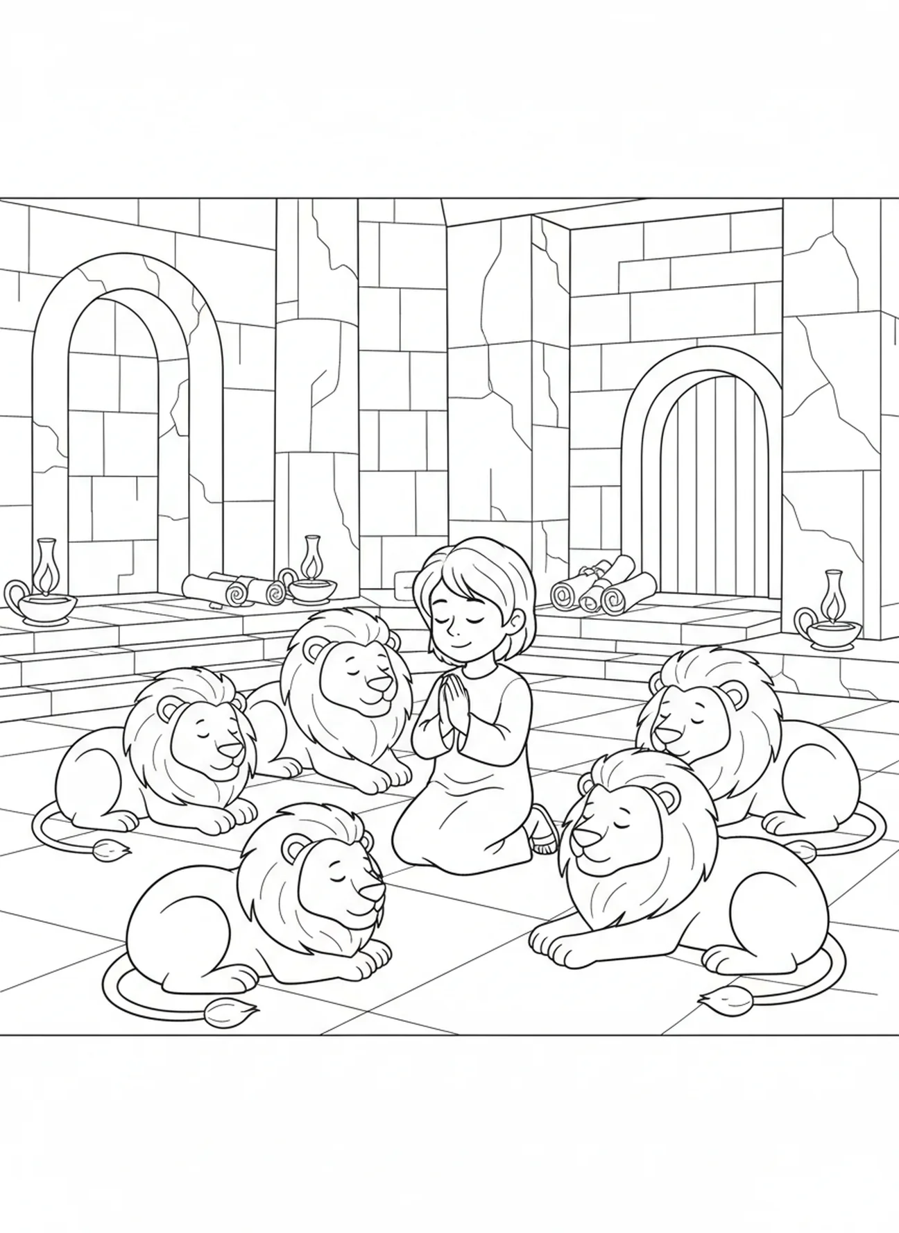 Calm lions surrounding Daniel, Daniel Lions Den coloring page for Sunday school children age 5-12