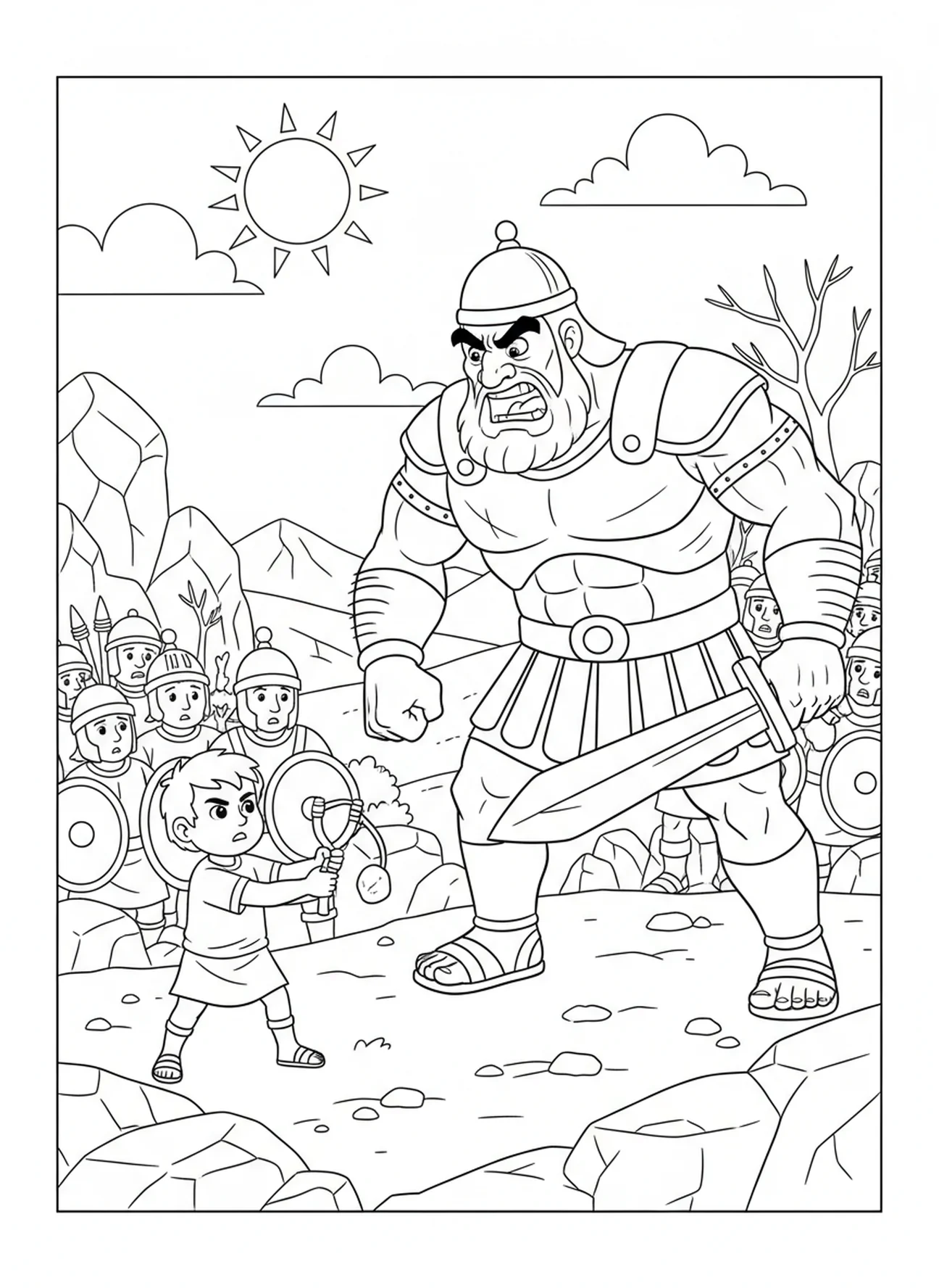 David et Goliath sur le champ de bataille, page à colorier David Goliath David Choisir des Pierres pour les enfants de 5 à 10 ans.