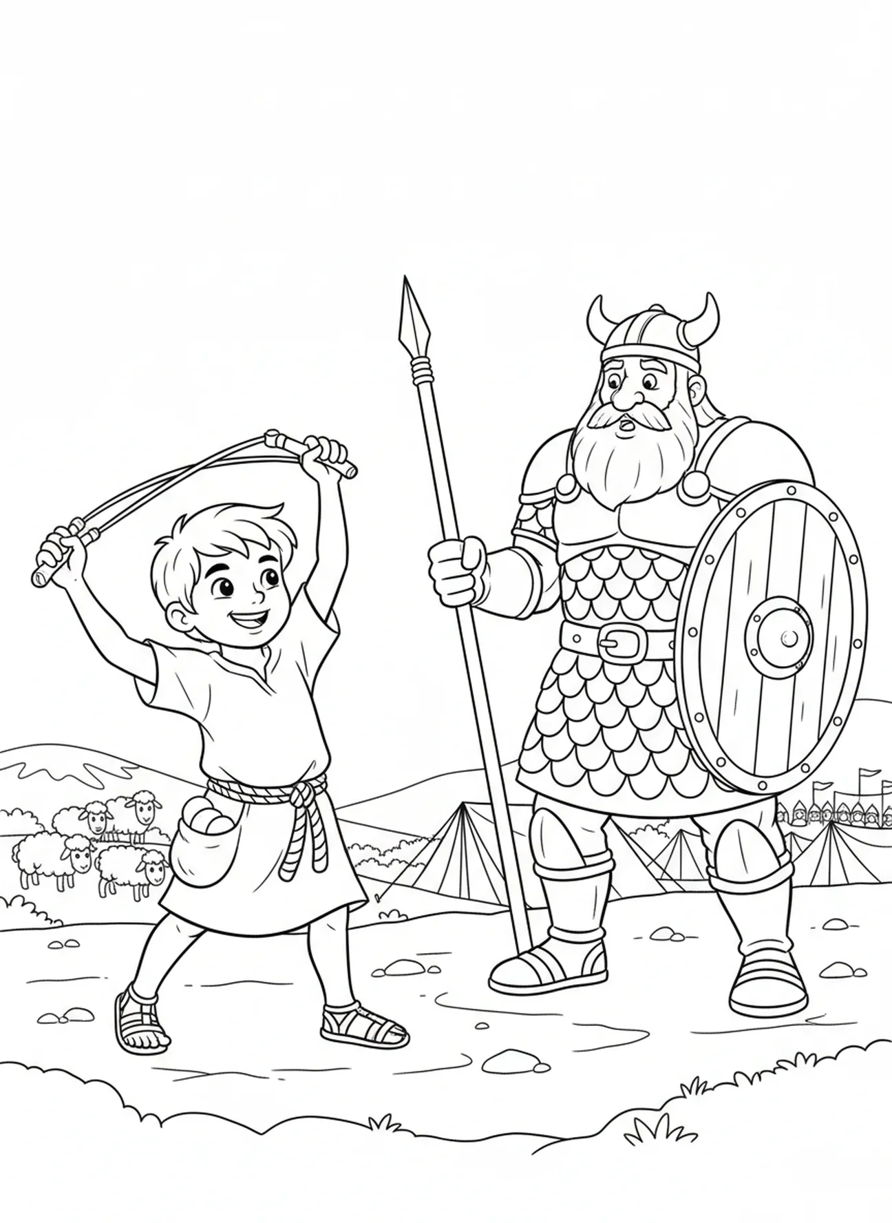 David balançant sa fronde, David Goliath page à colorier pour enfants de 5 à 10 ans.
