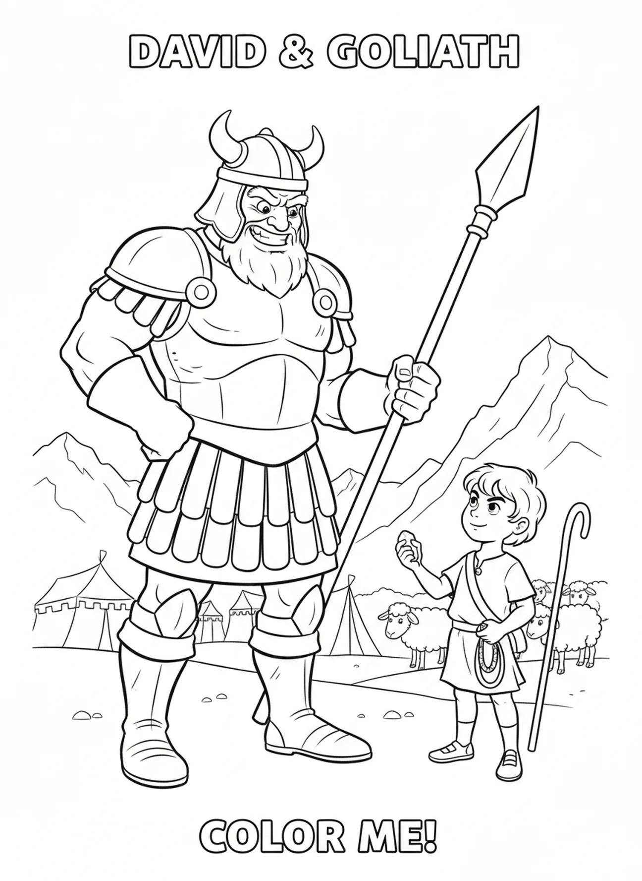 Goliath en armure lourde, David choisissant des pierres page à colorier pour enfants de 5 à 10 ans.