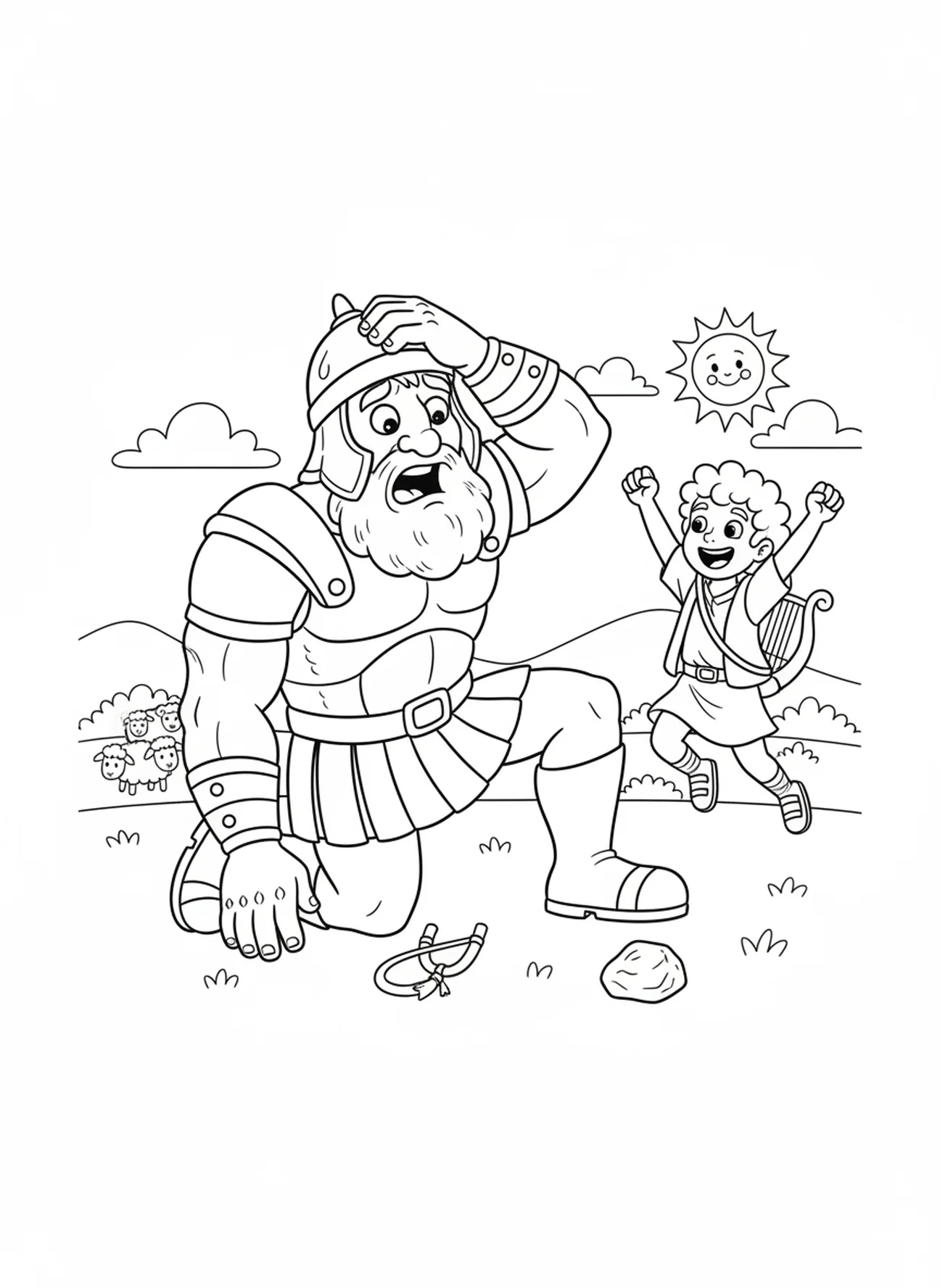 Goliath s'effondre, David choisissant des pierres page à colorier pour les enfants de 5 à 10 ans.