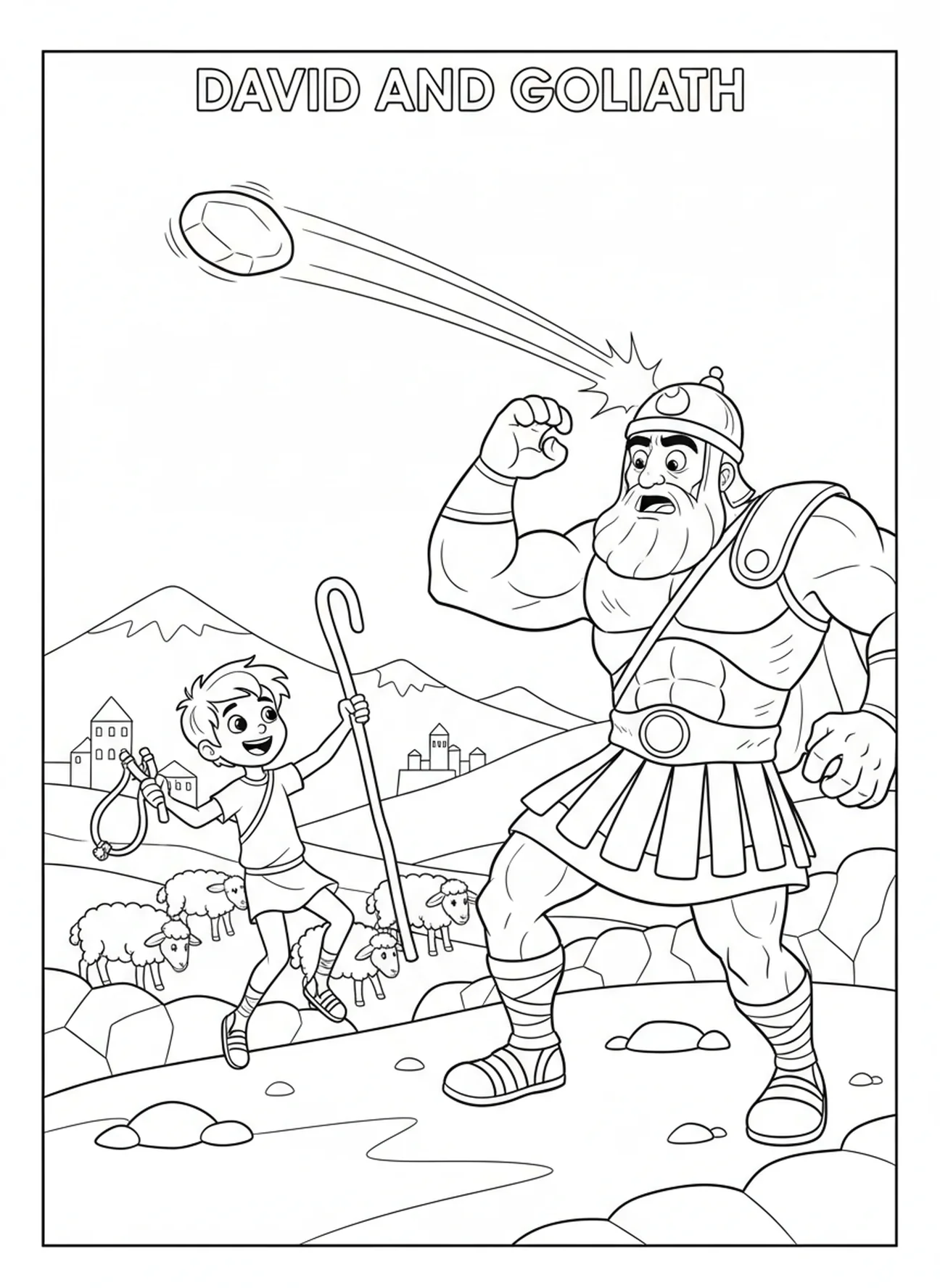 Pierre frappant Goliath, page à colorier David Goliath David Choisissant des Pierres pour les enfants de 5 à 10 ans.