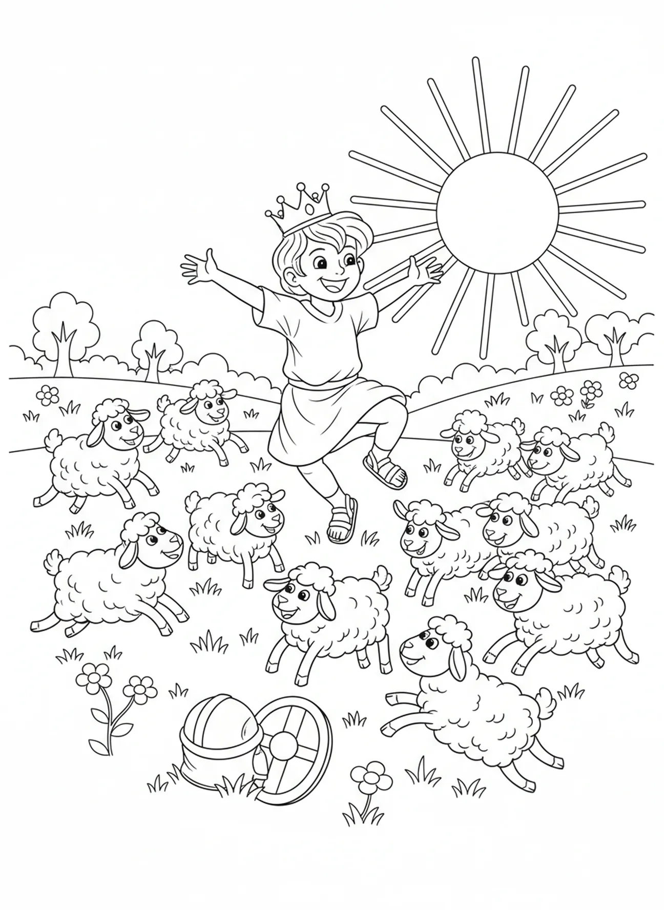 David bailando con ovejas, página para colorear de David y Goliat, David el Pastor con Ovejas para niños de 5 a 10 años.