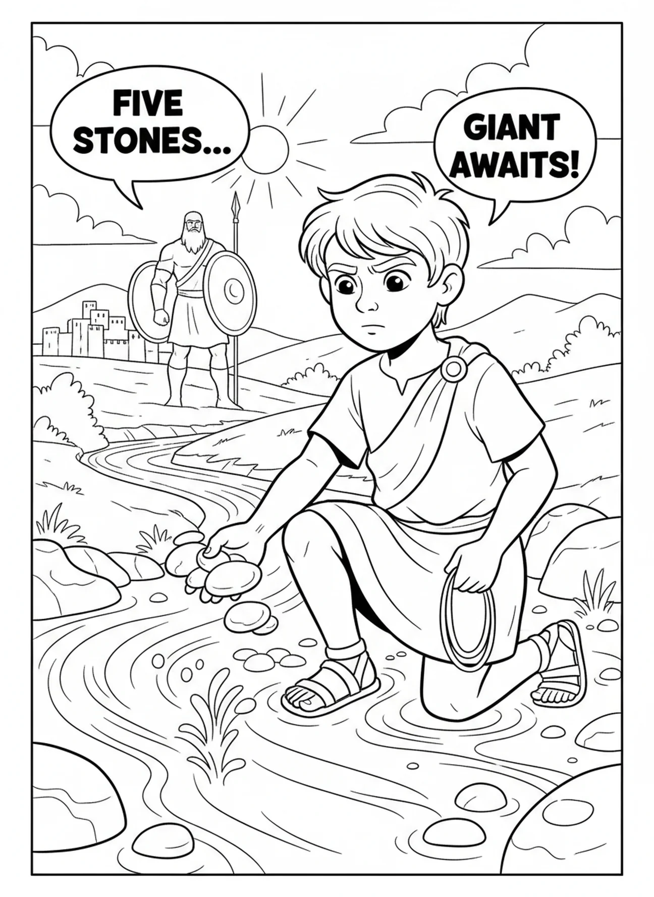 David recogiendo piedras, David y Goliat, David Pastor con Ovejas página para colorear para niños de 5 a 10 años.