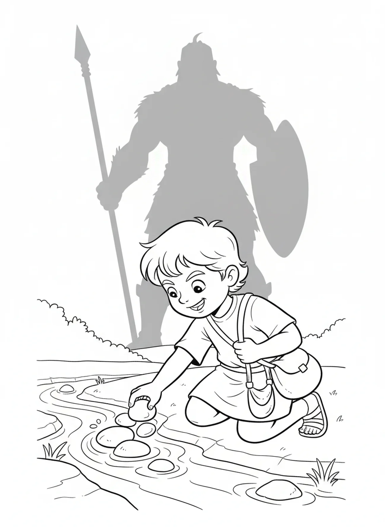 David kiest stenen, David Goliath David met het zwaard van de reus kleurplaat voor kinderen van 5-10 jaar