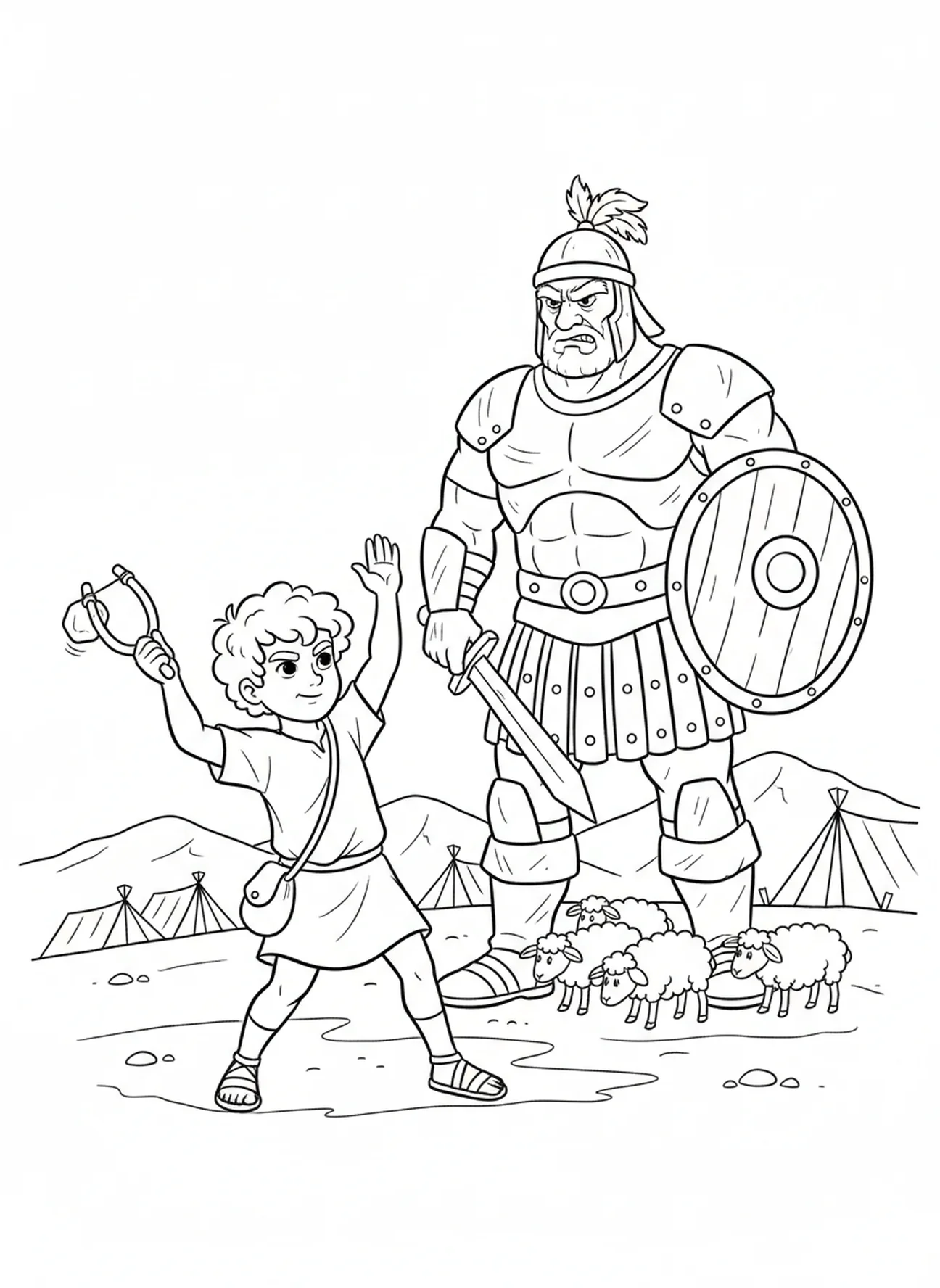 David met slinger, David en Goliath kleurplaat voor kinderen van 5-10 jaar