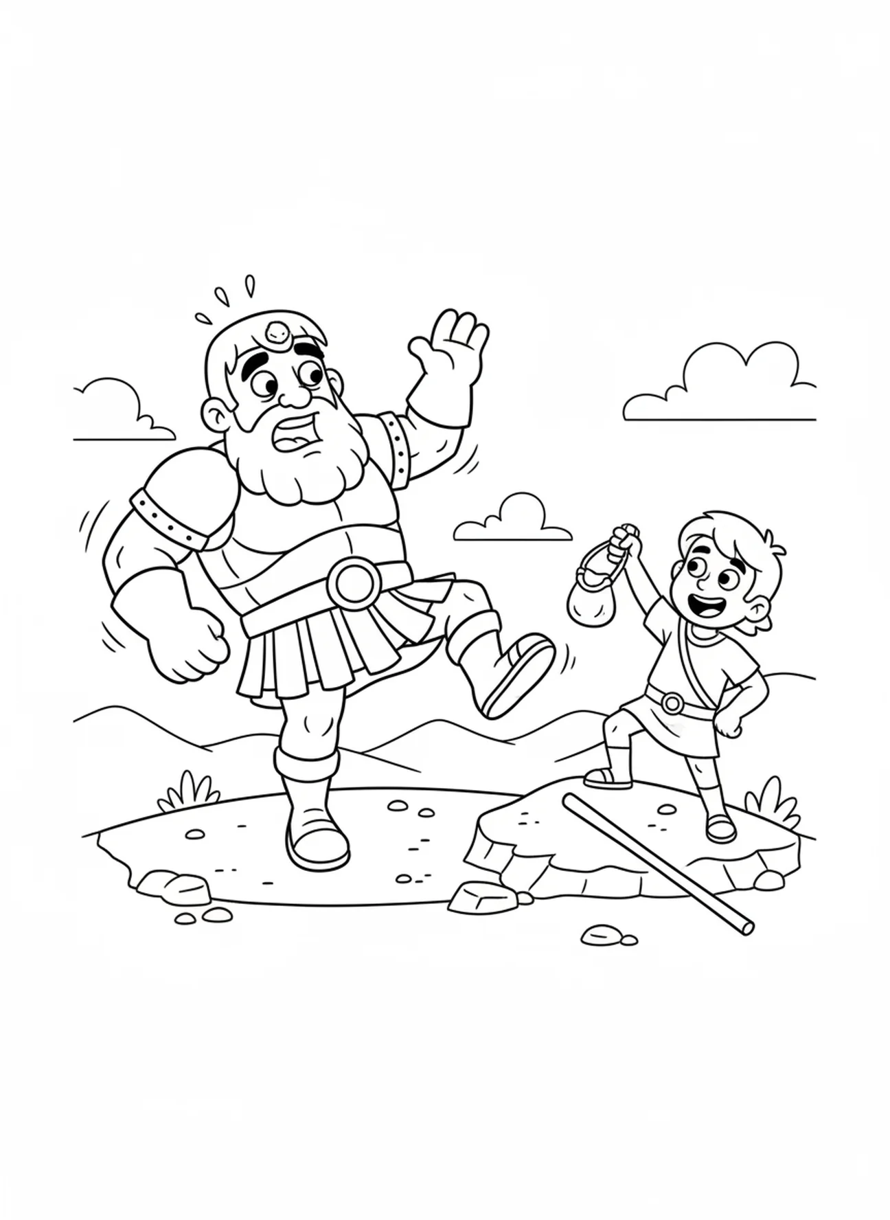 Goliath valt om, David met het zwaard van Goliath kleurplaat voor kinderen van 5-10 jaar