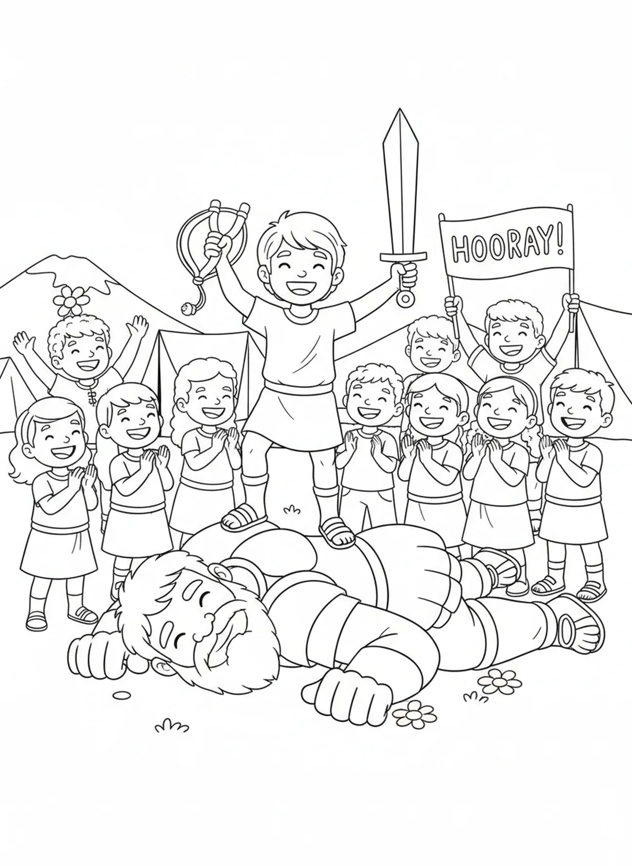 Kinder jubeln für David, Ausmalbild David Goliath Goliath fällt für Kinder im Alter von 5-10 Jahren