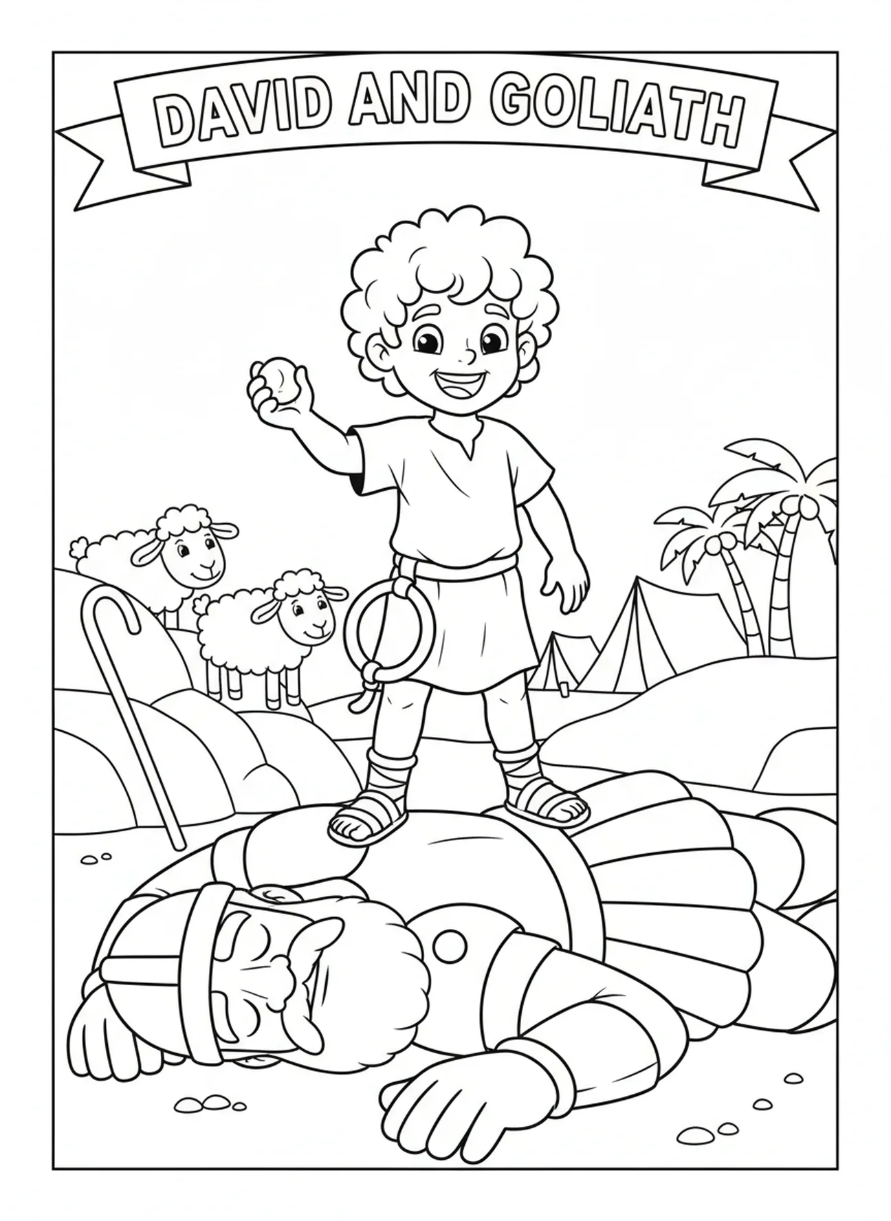 David mit Stein, David Goliath Goliath fällt Malvorlage für Kinder im Alter von 5-10 Jahren