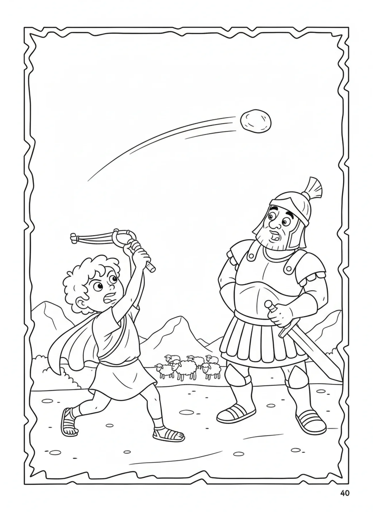 David schwingt die Schleuder, David Goliath Goliath fällt Ausmalbild für Kinder im Alter von 5-10 Jahren