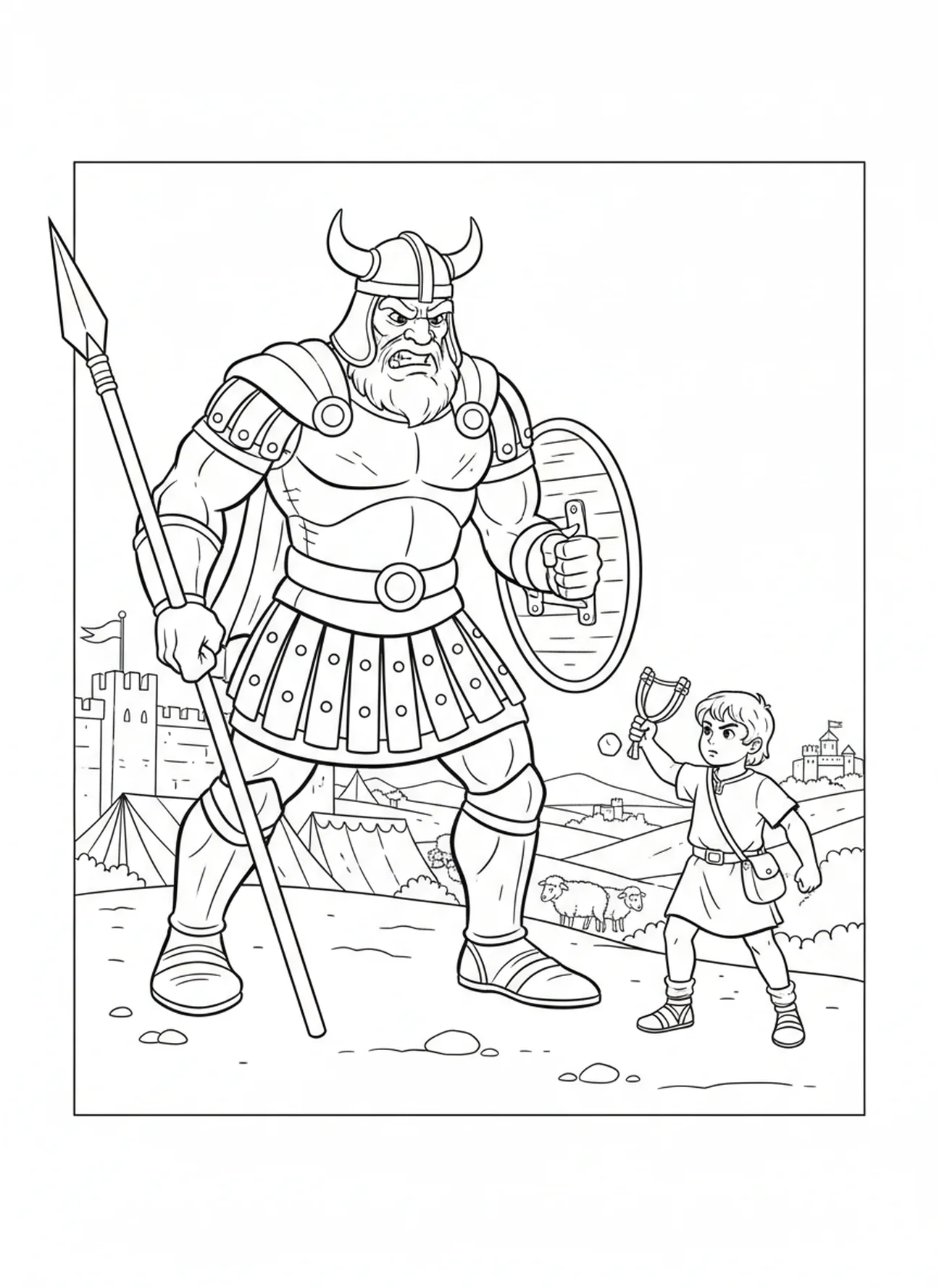 Goliath in Rüstung, David Goliath Goliath fällt Ausmalbild für Kinder im Alter von 5-10 Jahren