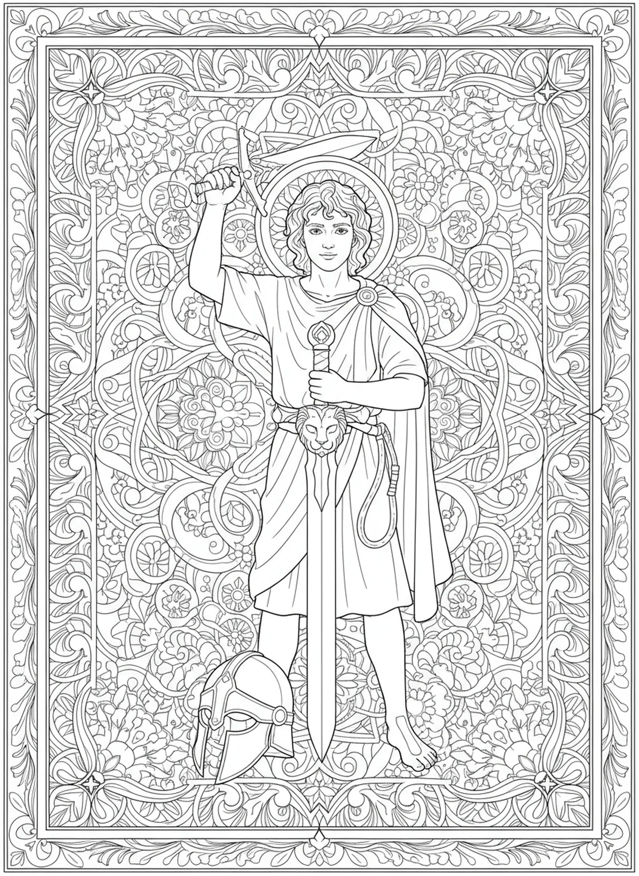 David holding Goliath's sword, David Goliath coloring page for adults Bible journaling style.