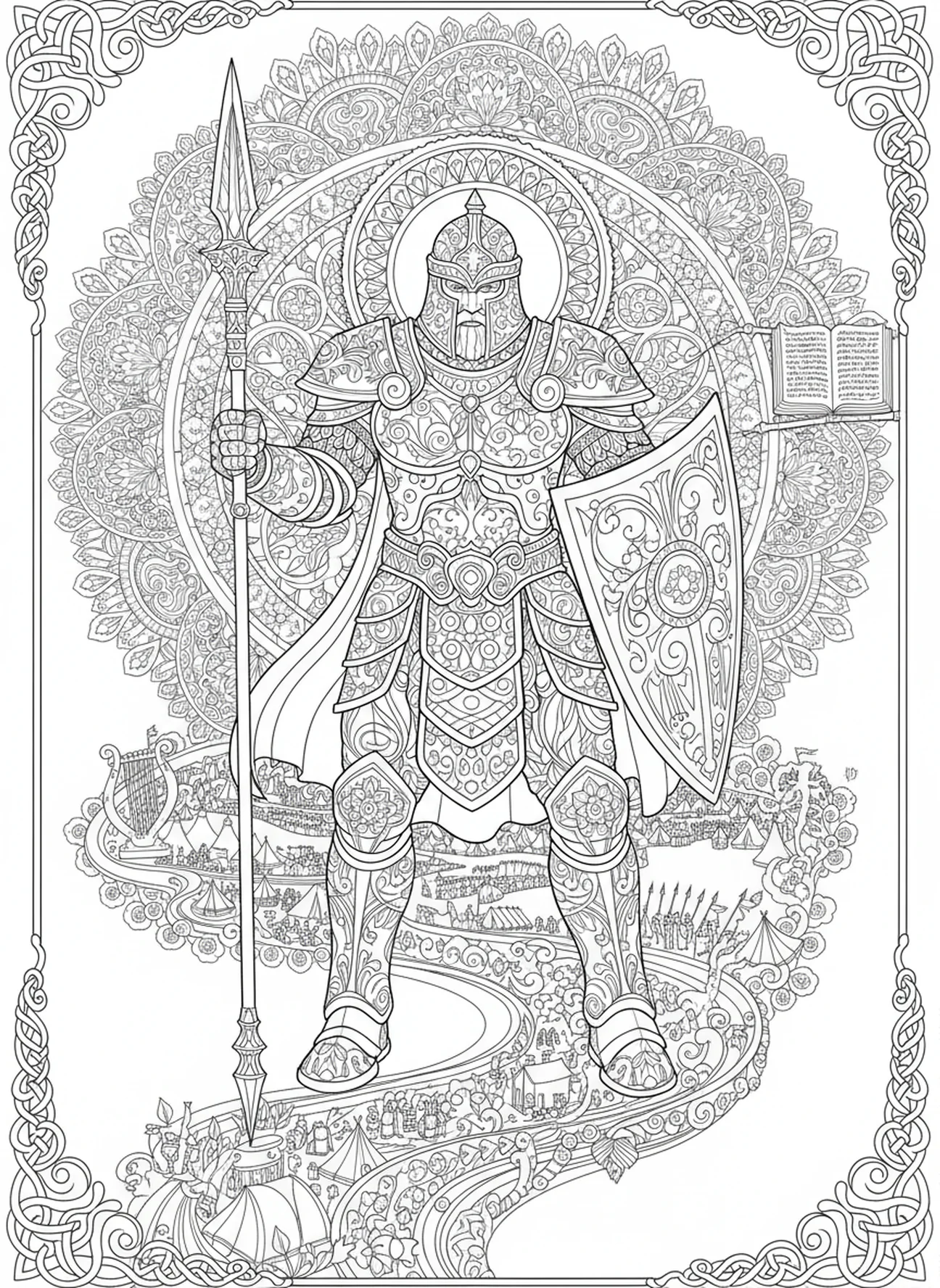 Goliath in armor, David Goliath coloring page for adults Bible journaling style.
