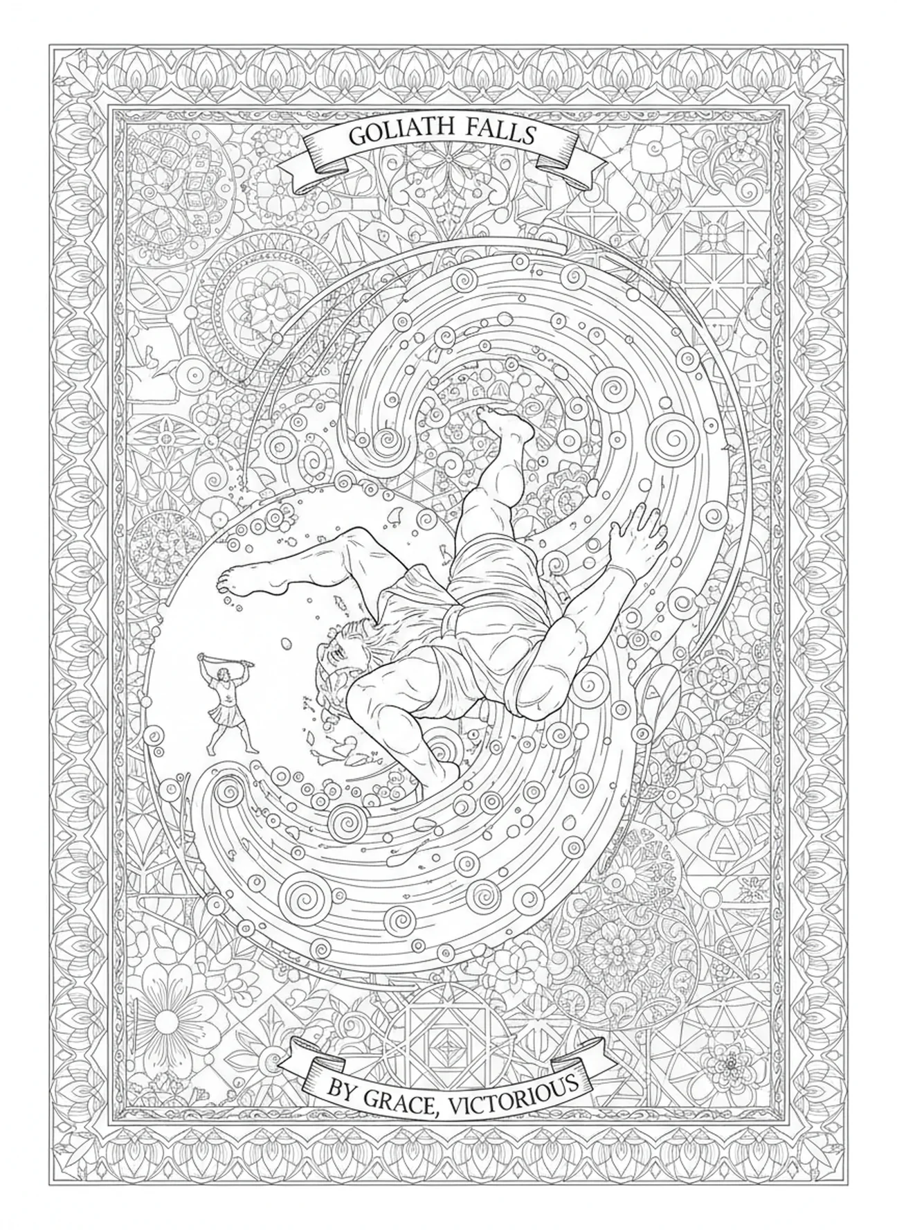 Goliath falling down, David Goliath coloring page for adults Bible journaling style.