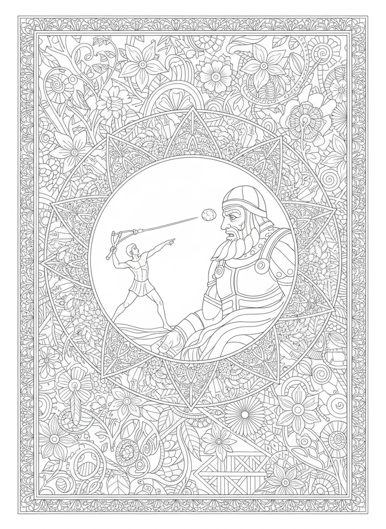 Stone hitting Goliath, David Goliath coloring page for adults Bible journaling style.