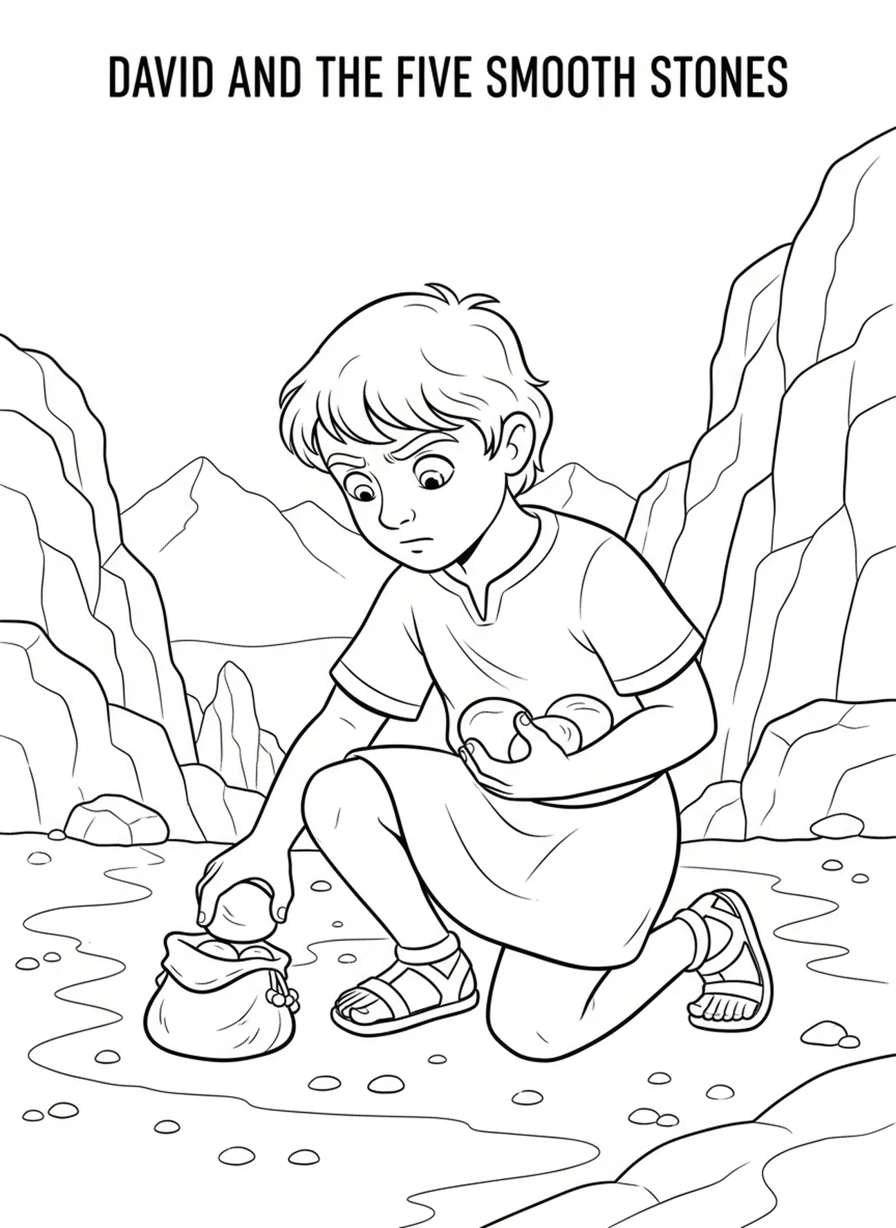 David hebt Steine auf, David gegen Goliath Malvorlage für Kinder im Alter von 5-10 Jahren