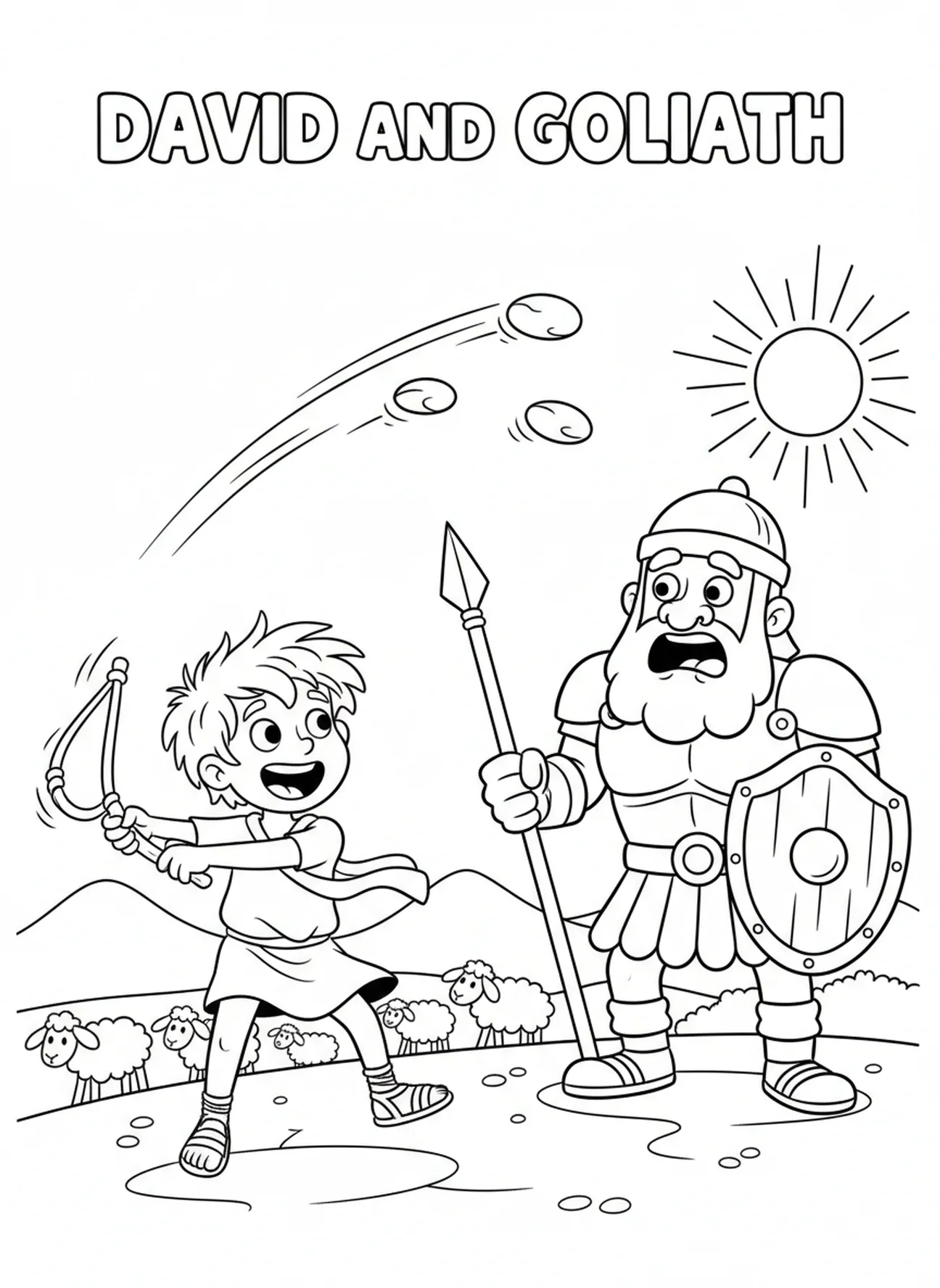 David schwingt die Schleuder, Ausmalbild von David und Goliath für Kinder im Alter von 5-10 Jahren